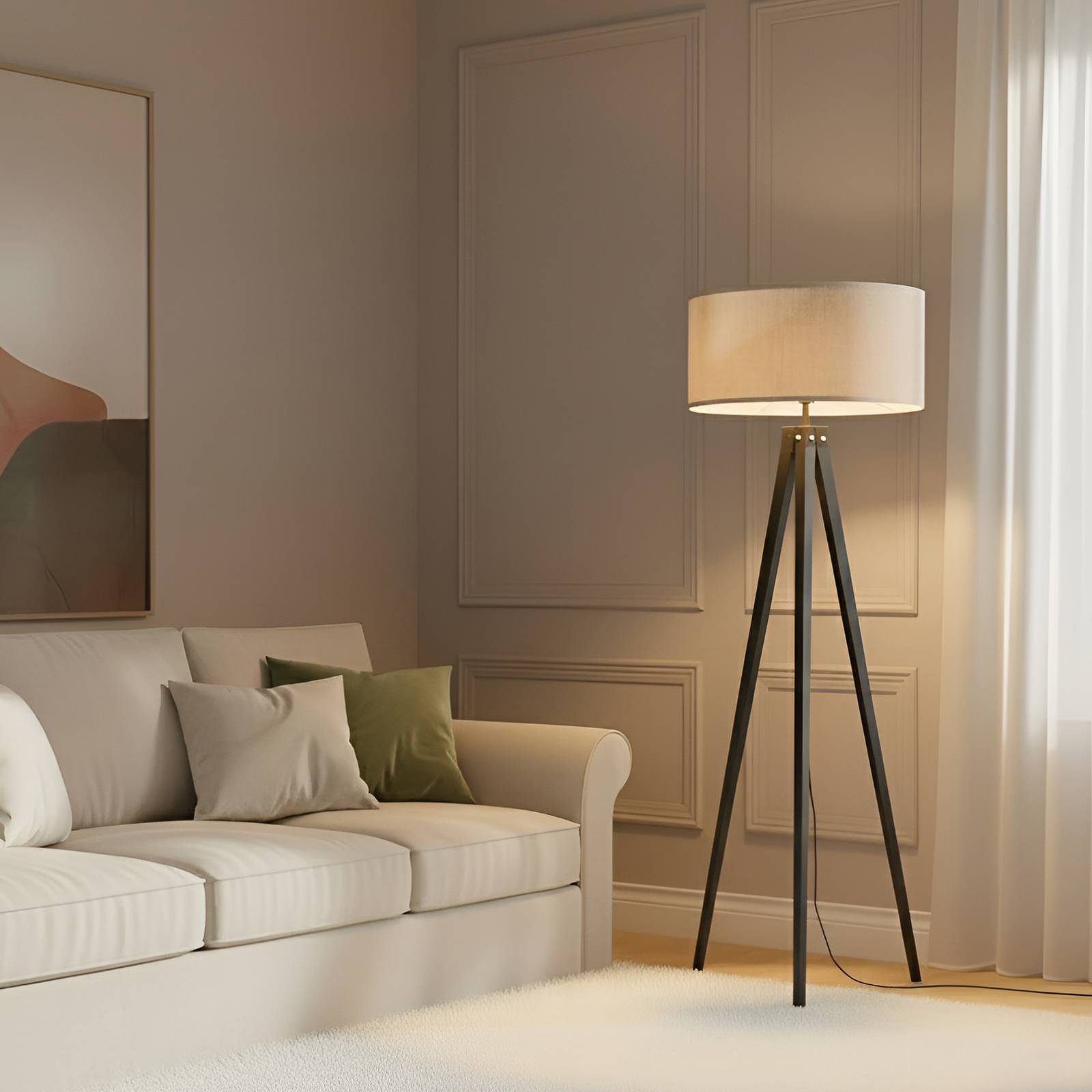 Lindby Stehleuchte Herry, schwarz, Holz, Dreibein, 153 cm günstig online kaufen