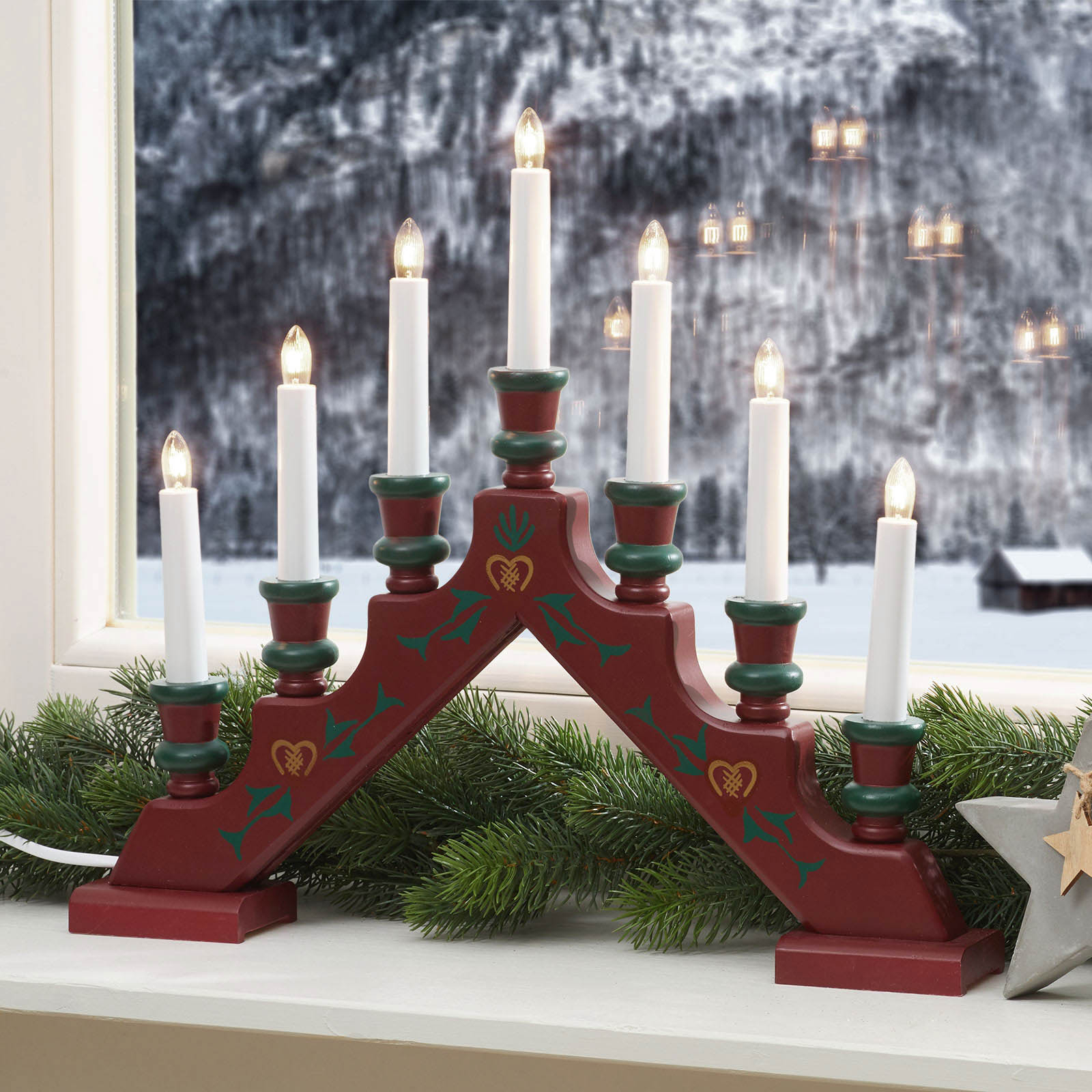 Sevenlight red candle arch Sara Tradition Lights.co.uk
