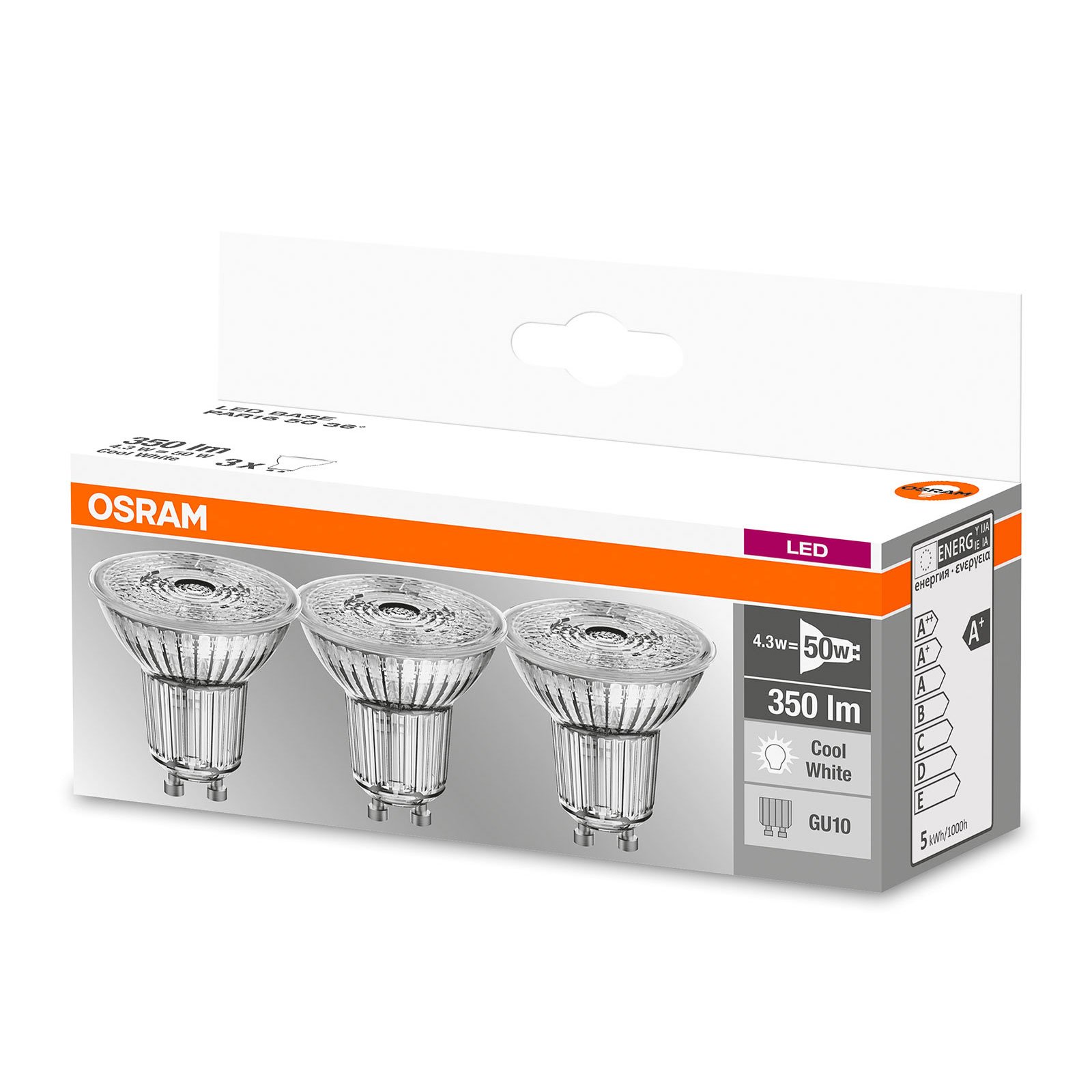 LED-reflektor GU10 4,3W, universalvit, 3-pack