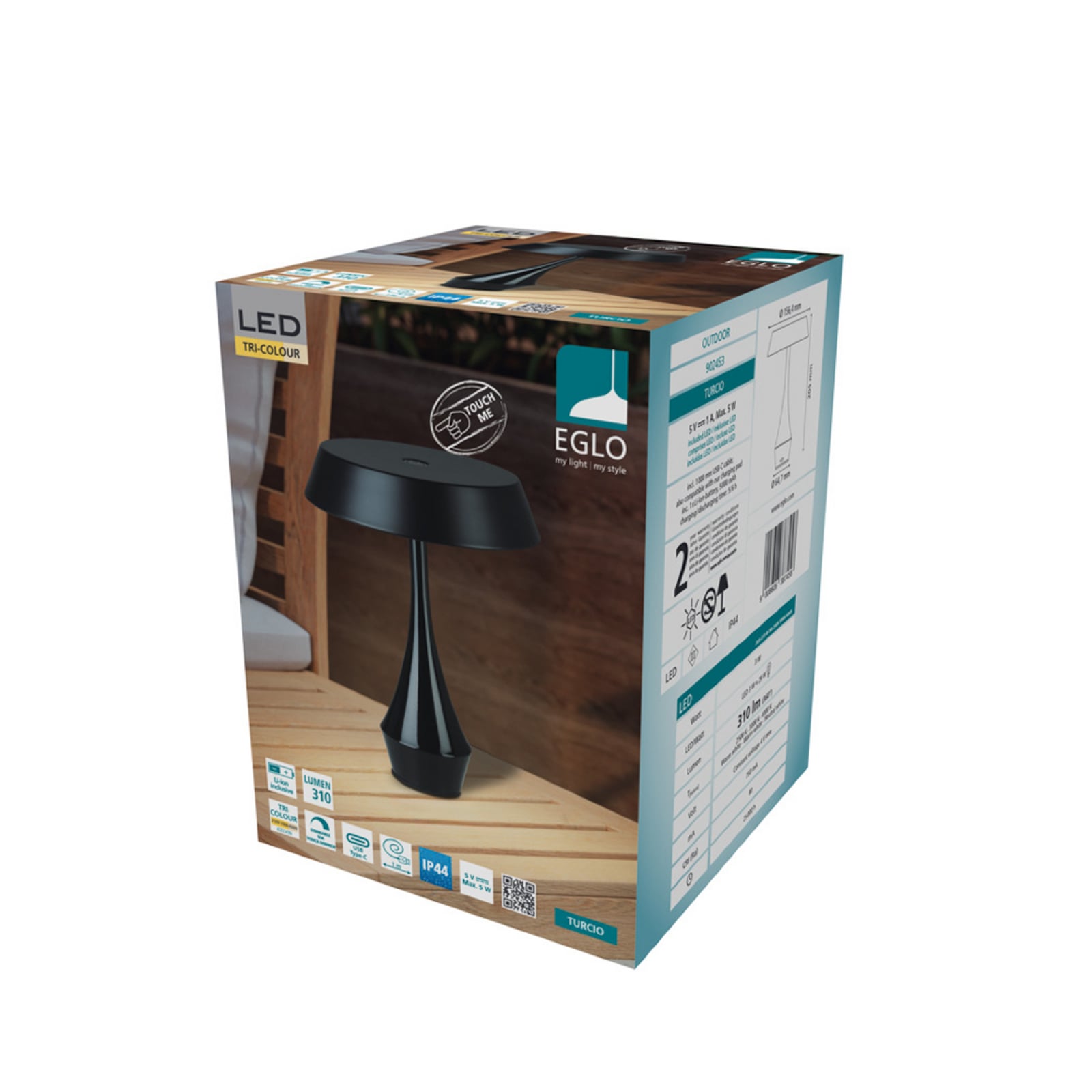 EGLO LED tafellamp op accu TURCIO, zwart, hoogte 20 cm, IP44, dimbaar