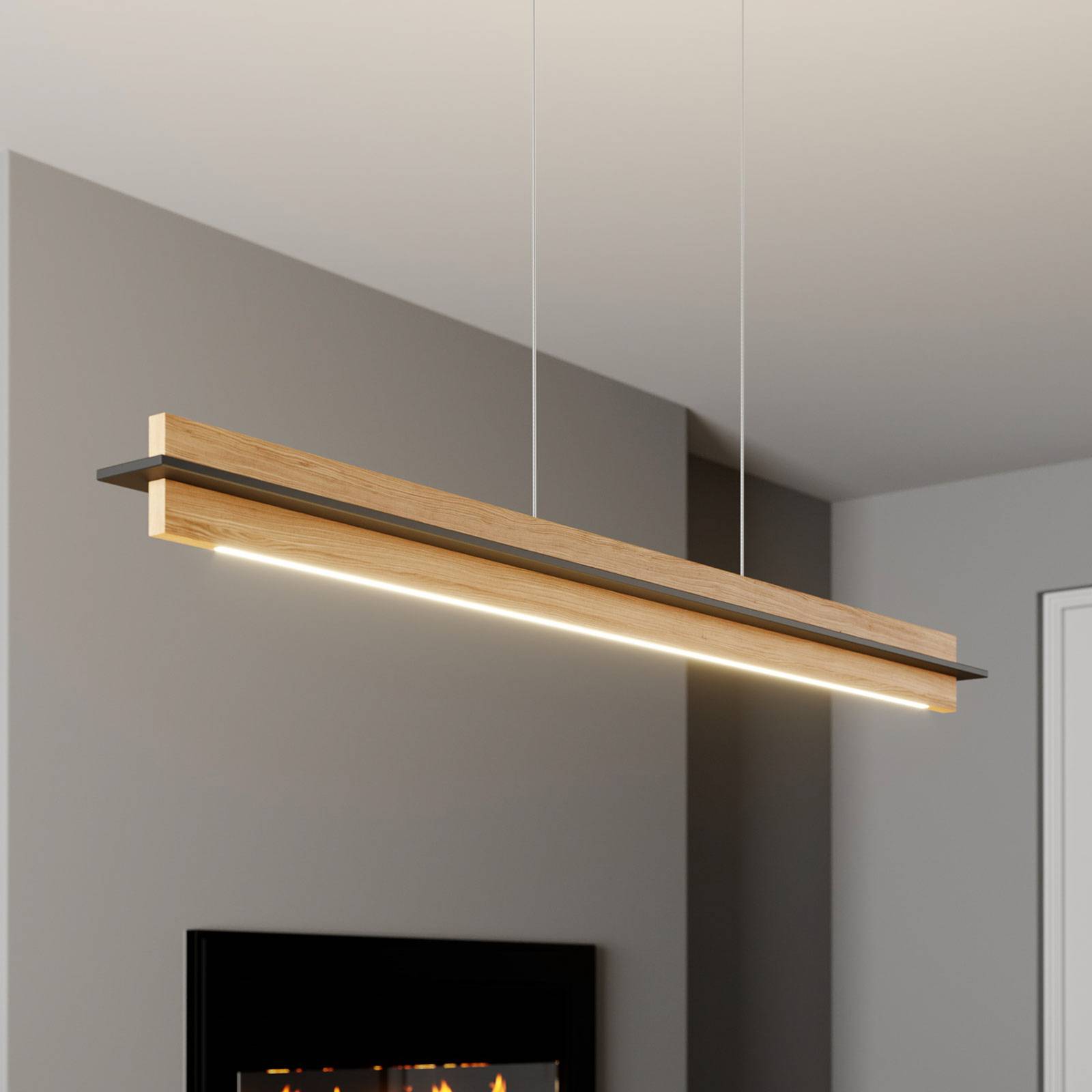 Quitani Suspension LED Lexa chêne/noir longueur 118 cm