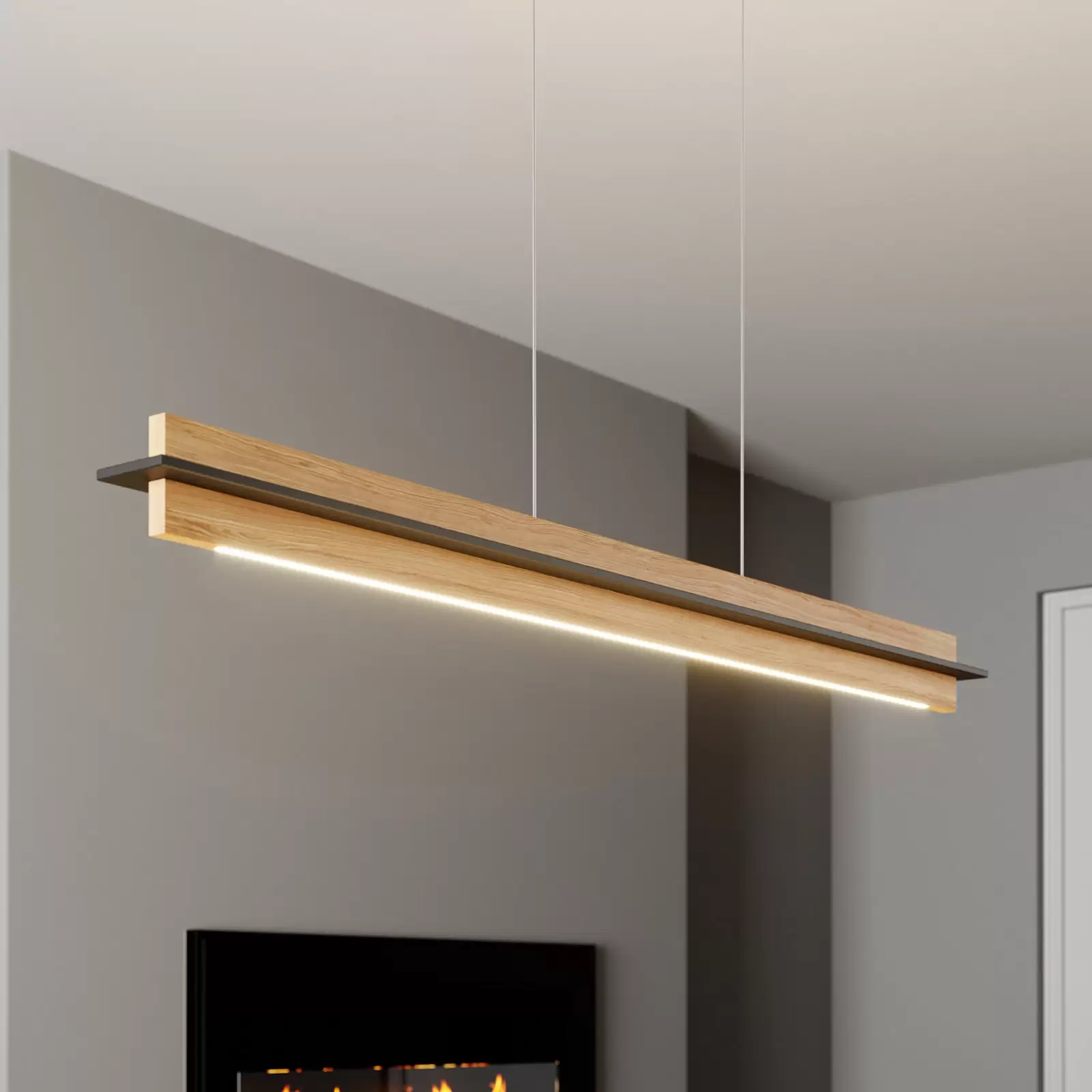 Quitani LED hanging light Lexa, oak/black, length 118 cm