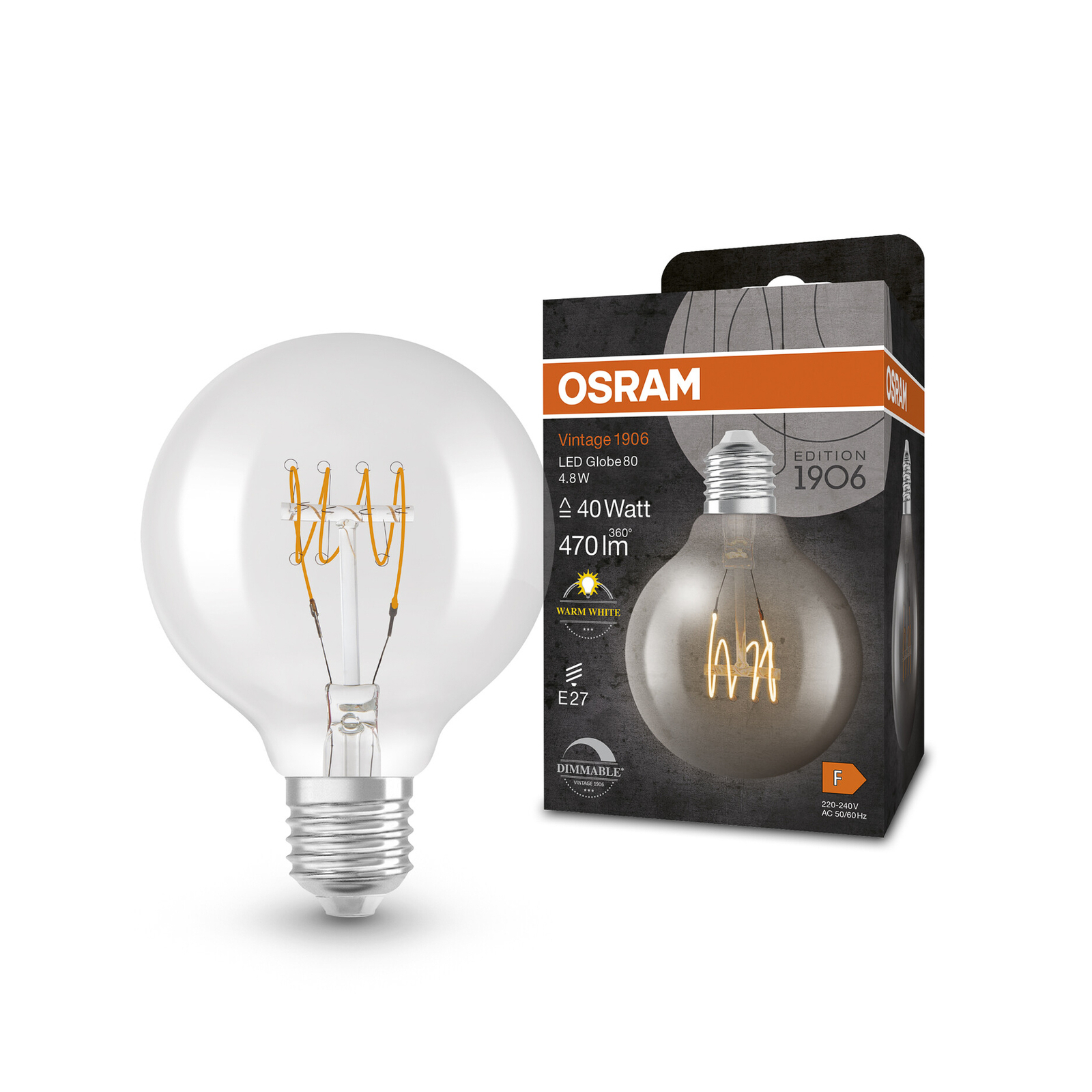 OSRAM globe LED bulb E27 G80 4.8W 2,700K filament