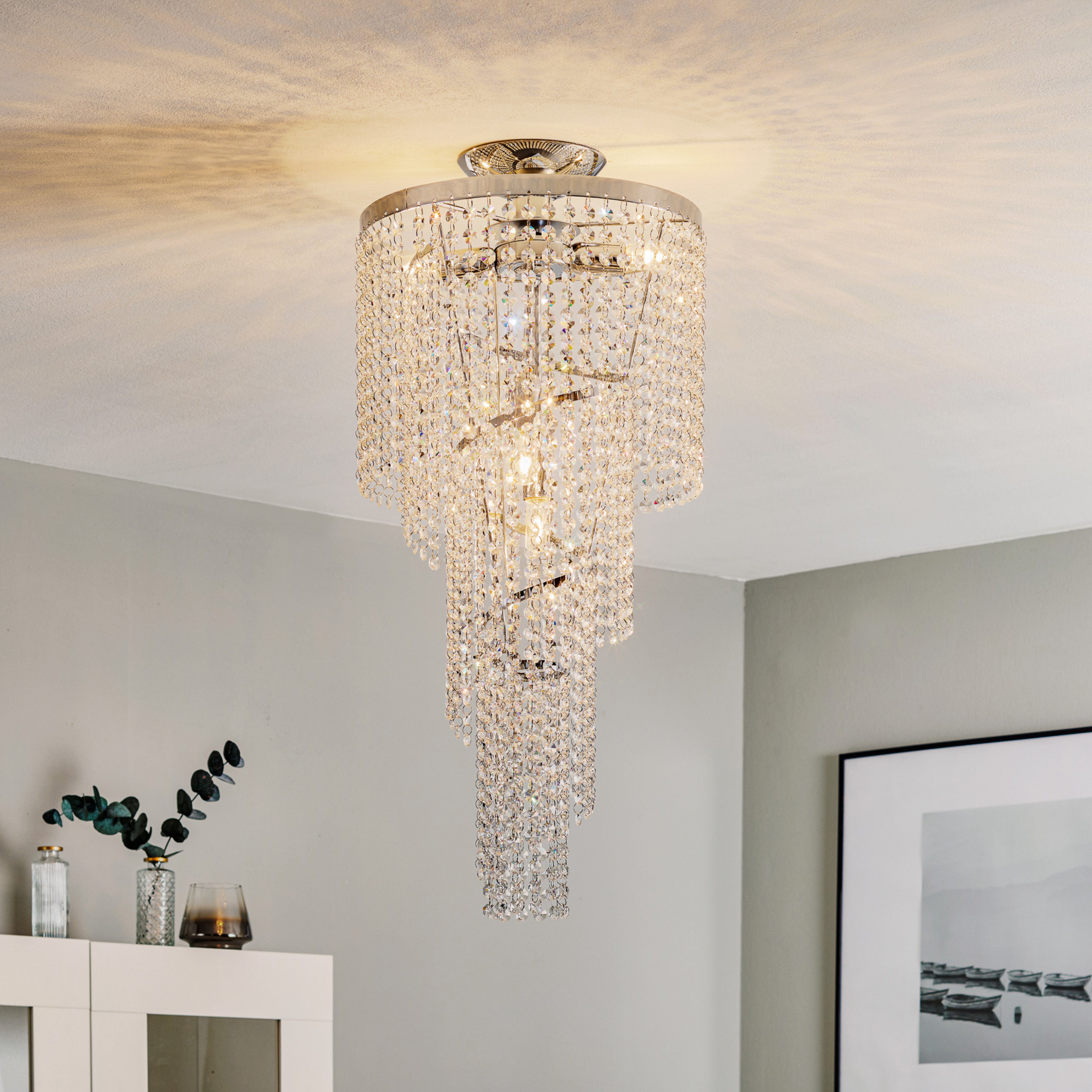 Loftlampe Elica med krystalspiral, Ø 35 cm