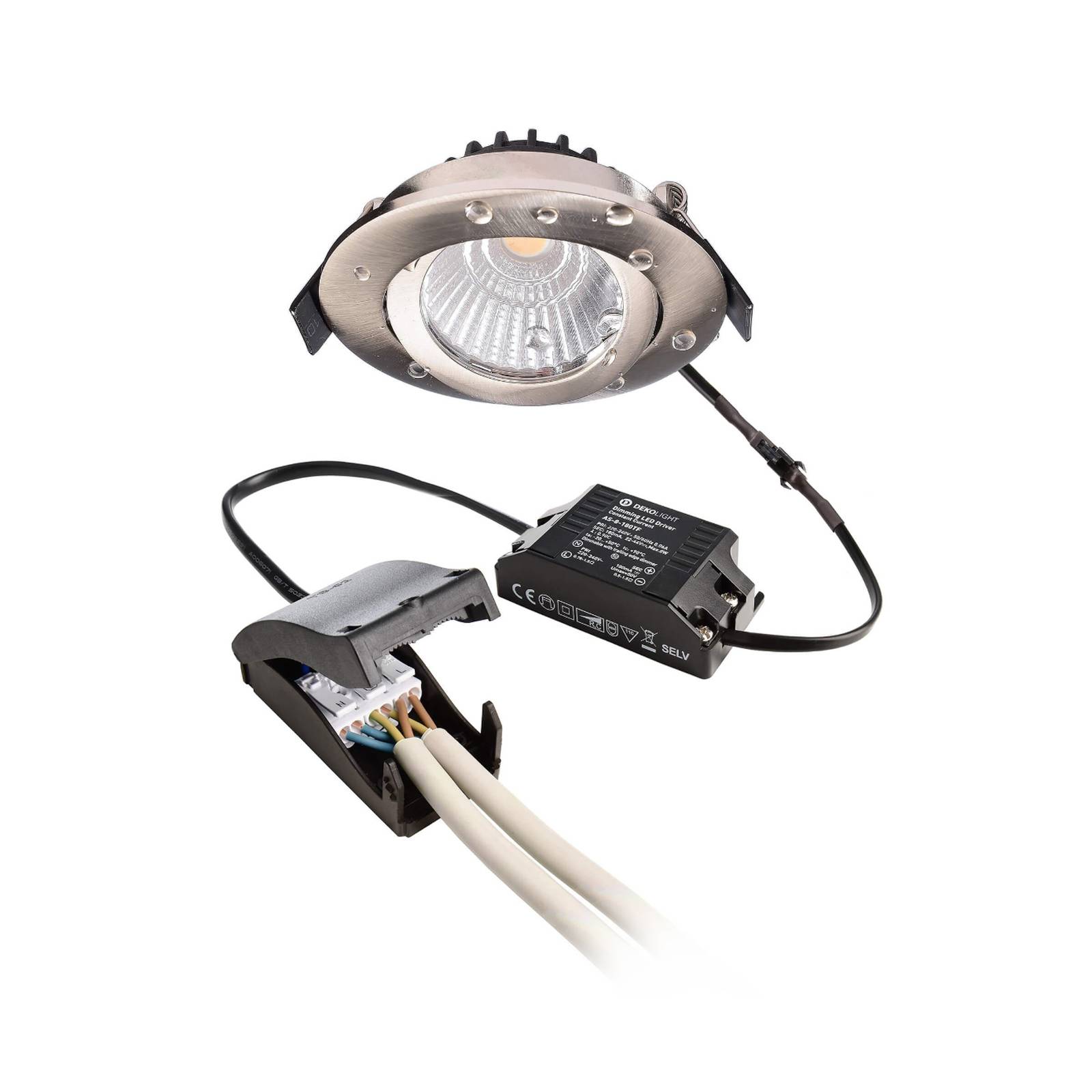 Lampa sufitowa wpuszczana LED Dione, IP44, 2700 K, nikiel, ściemniana