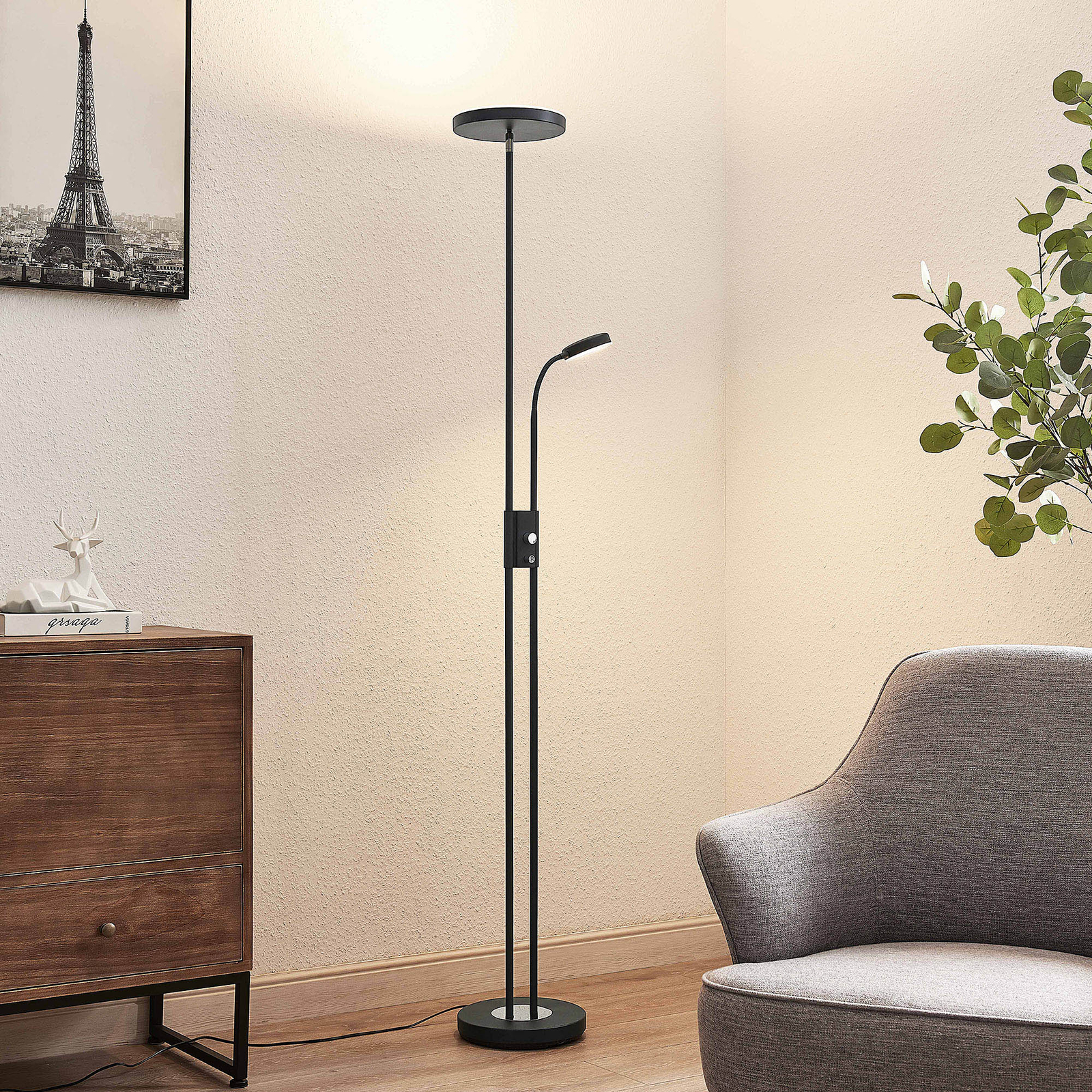 Lindby Seppa lámpara de pie LED, redondo, negro