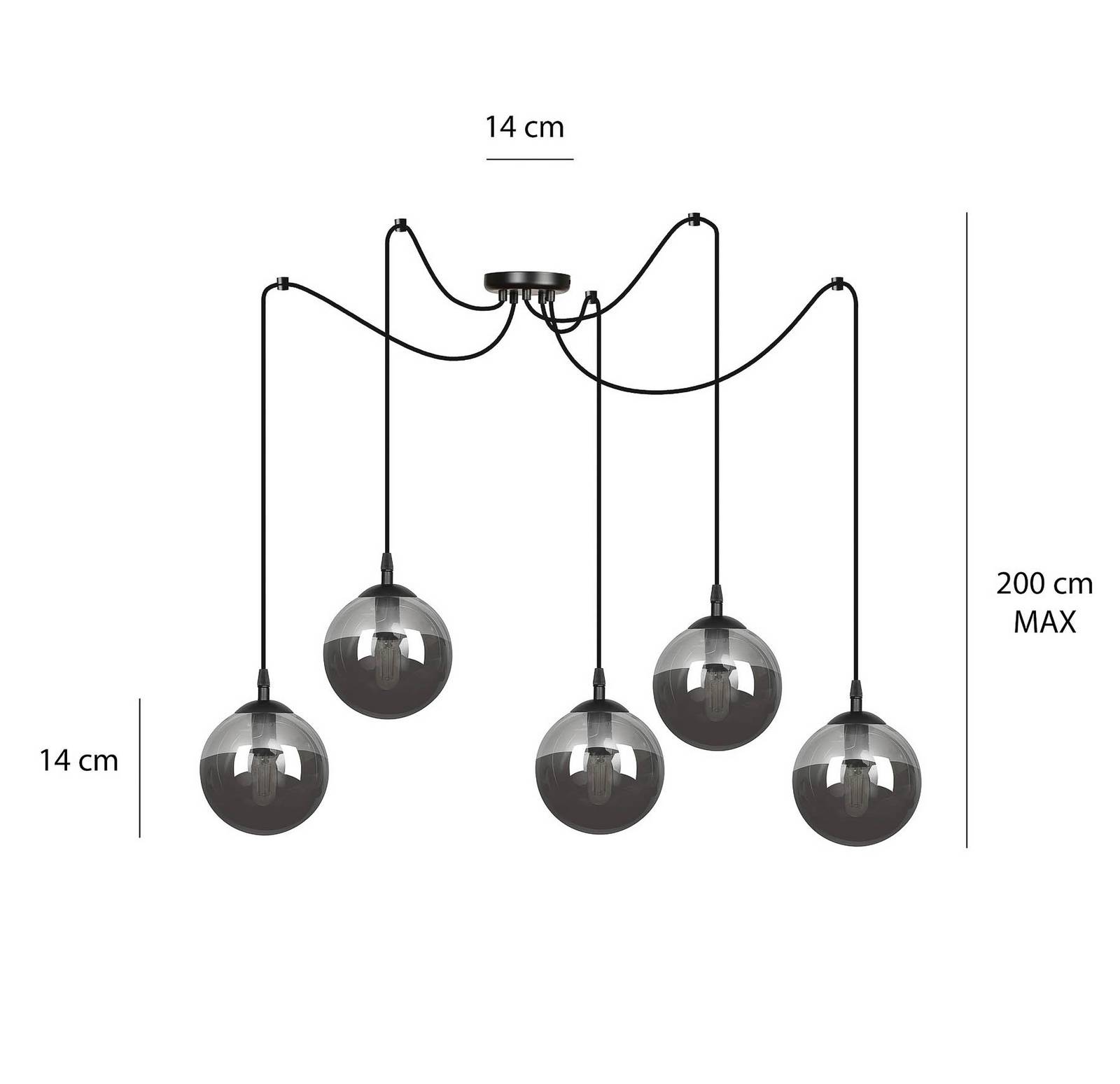 Lampa wisząca Glassy, 5-punktowa, zdecentralizowana, czarna, grafitowa