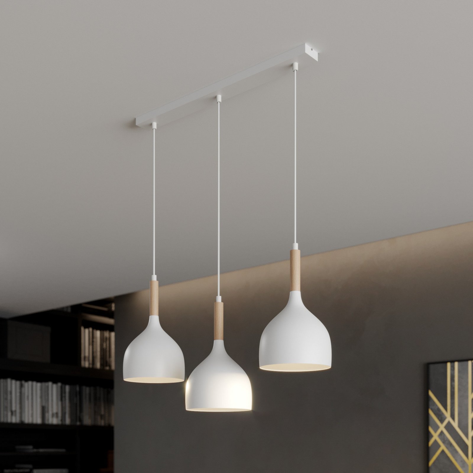 Luminex Lampă suspendată Noak alb/lemn natural 3 becuri lungă - Camera de zi / sufragerie - Modern - alb lemn deschis - Metal
