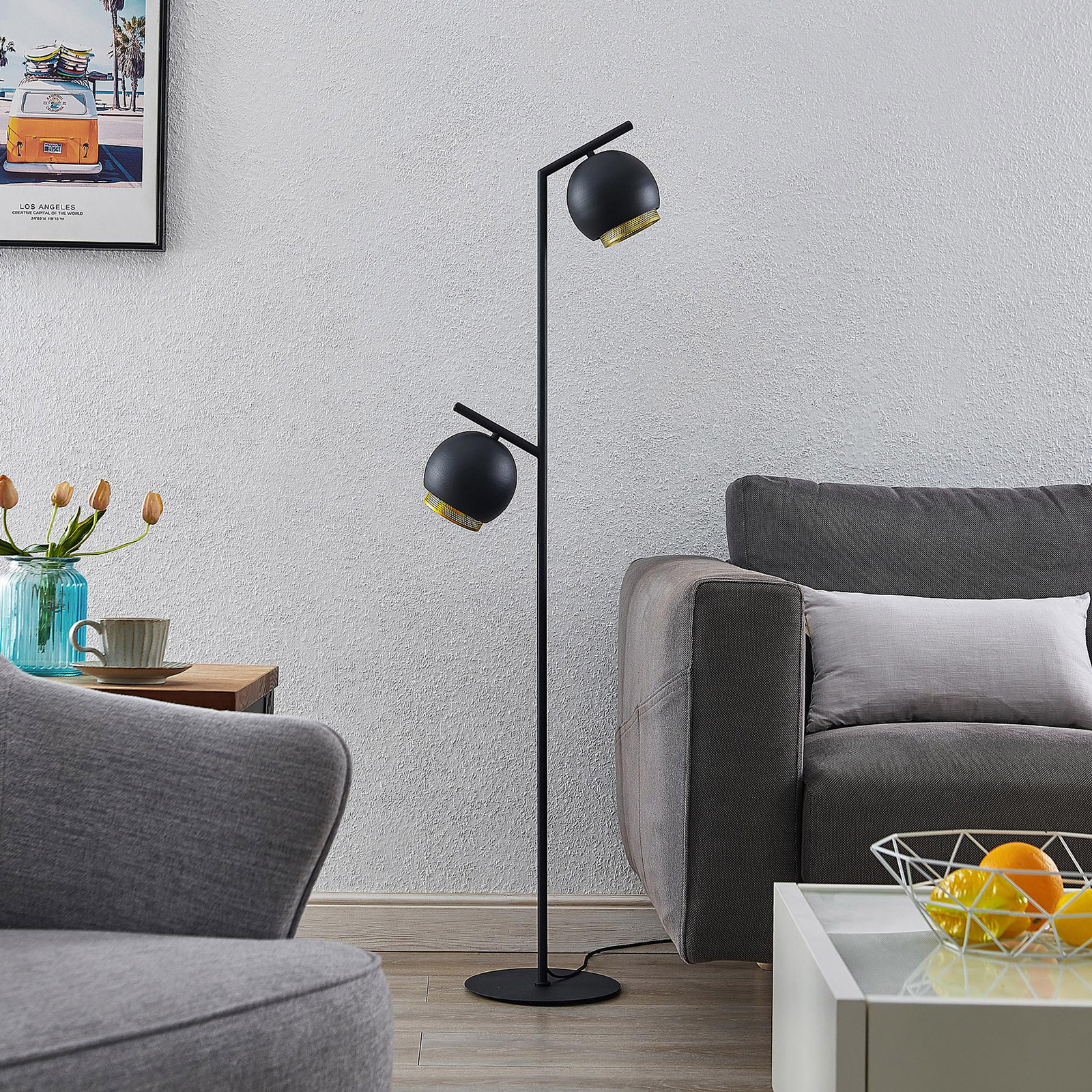 Lucande Sivanel floor lamp with two lampshades