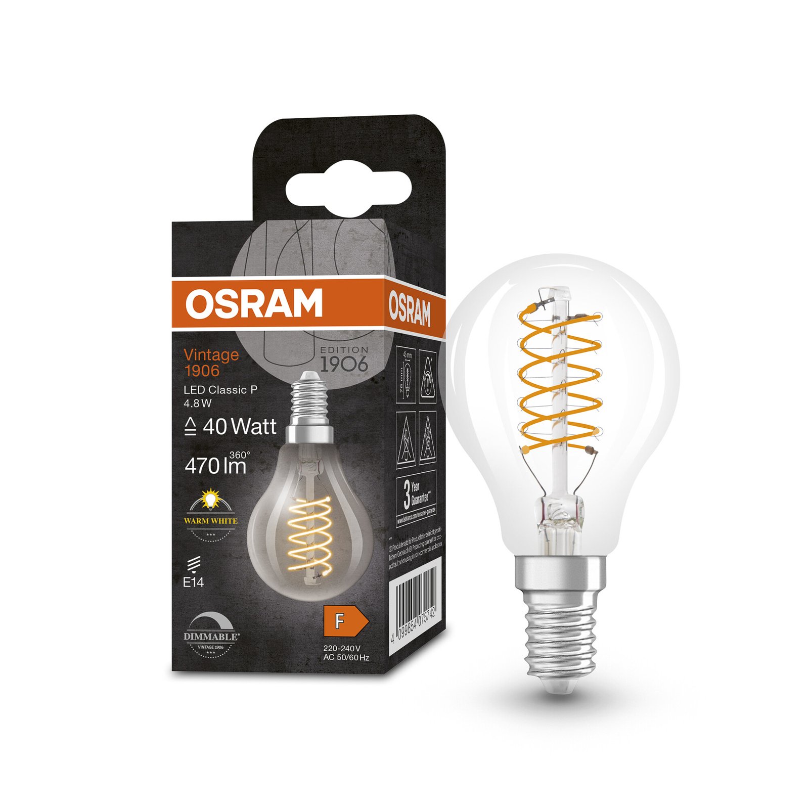 OSRAM Vintage 1906 LED-Lampe E14 4,8W 827 klar dim