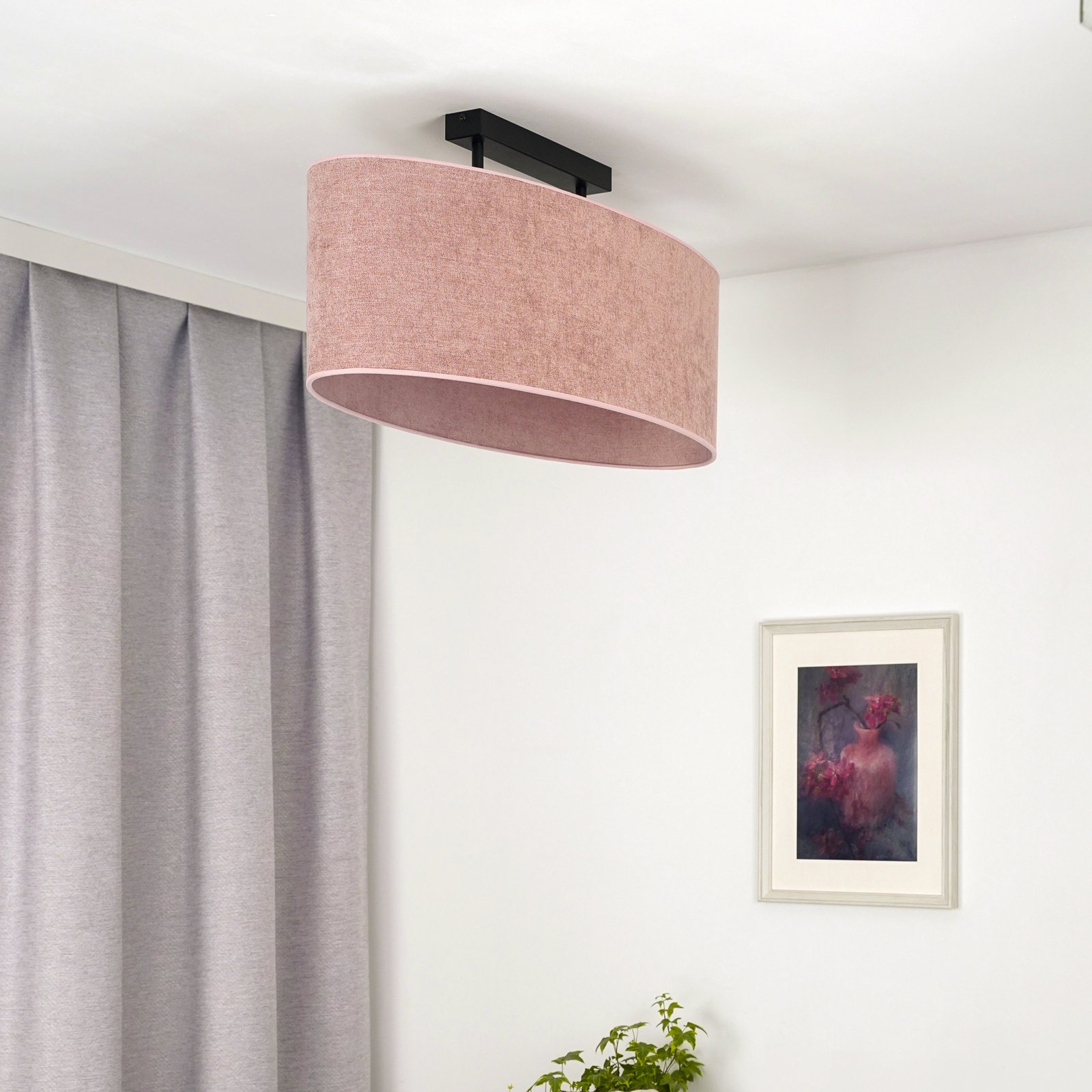 Lámpara de techo Euluna Celine, rosa, tejido de chenilla, longitud 80 cm