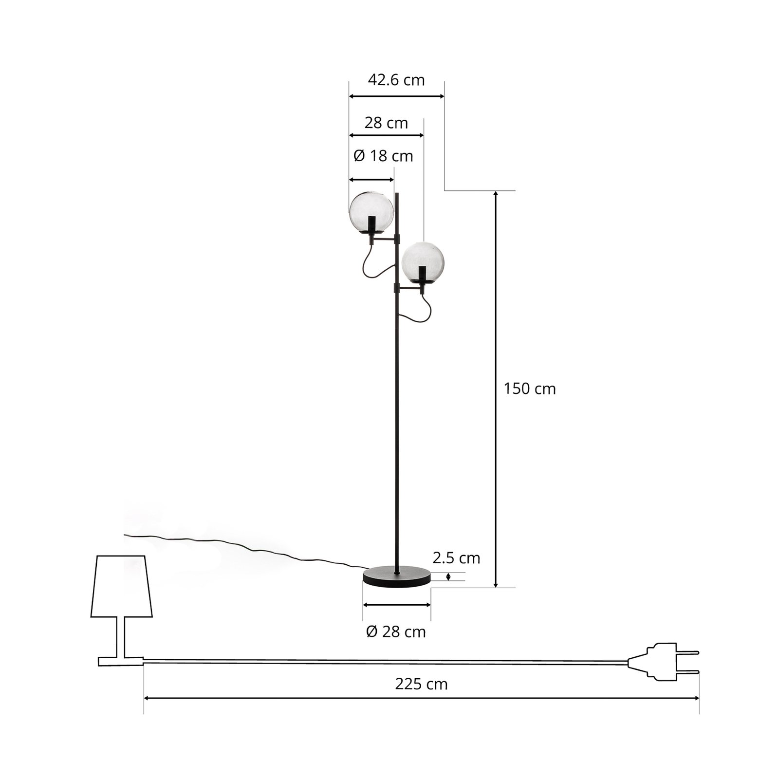 Vloerlamp Lucande Sotiana, 2 glazen bollen, zwart