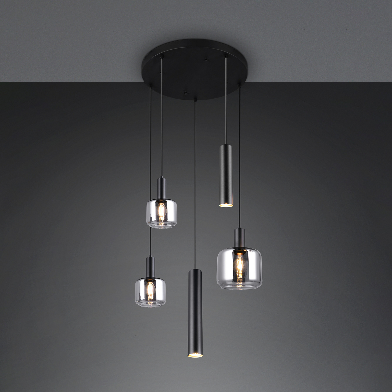 Suspension Mataro, chrome/noir, Ø 55 cm 5 lampes verre/métal