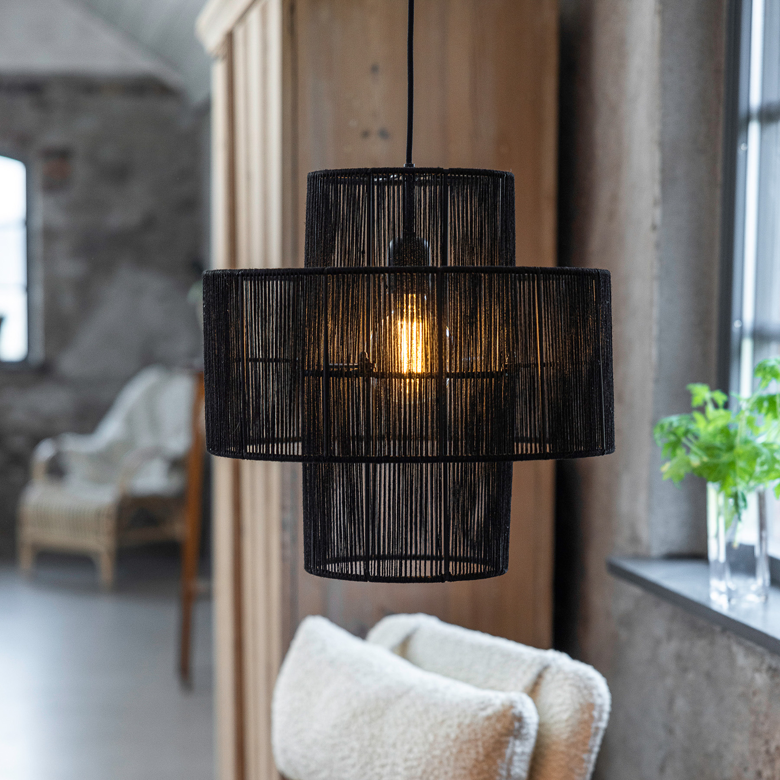 Soga hanging light, plug, black, jute, Ø 40 cm