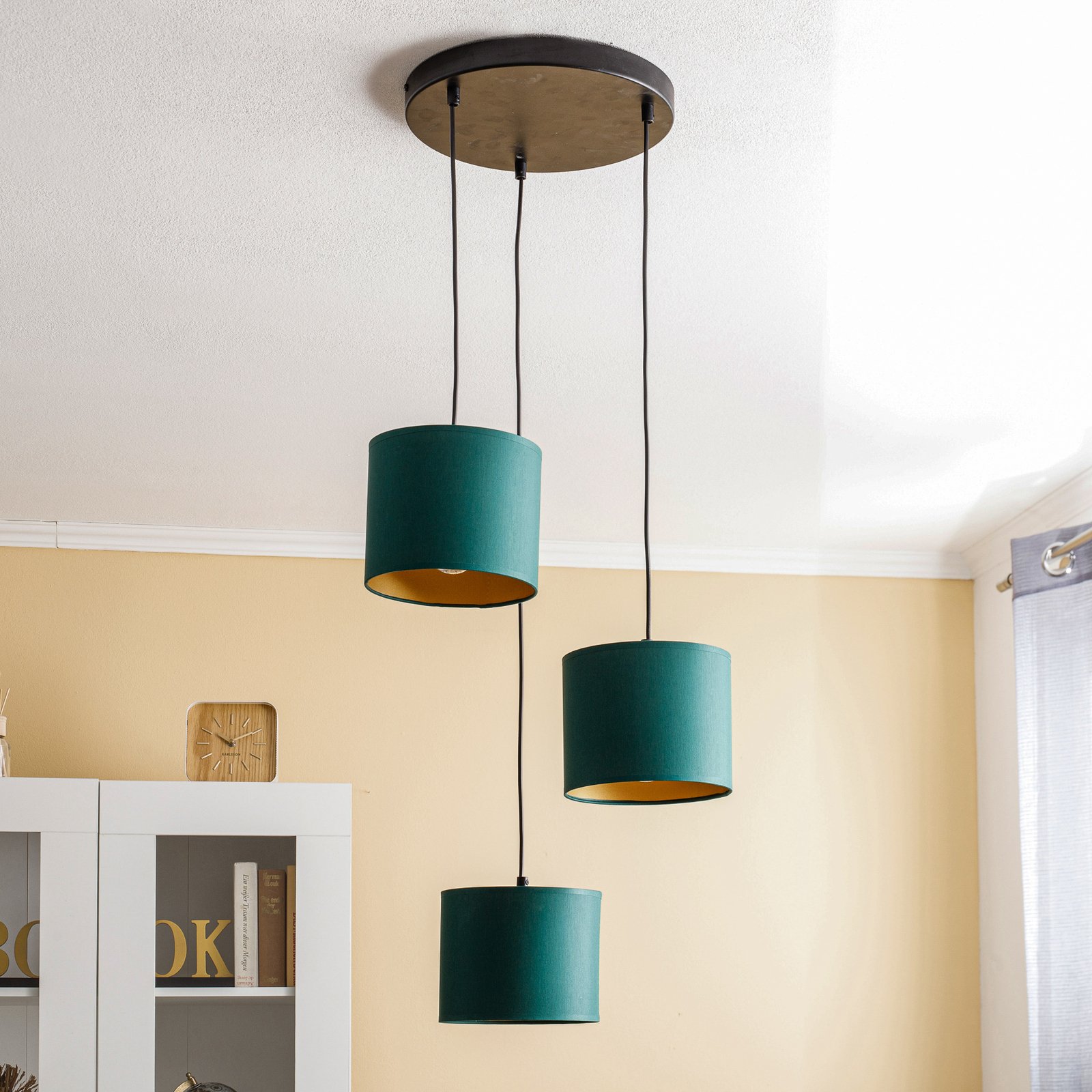Hanglamp Soho, cilindervormig, rond 3-lamps groen/goud