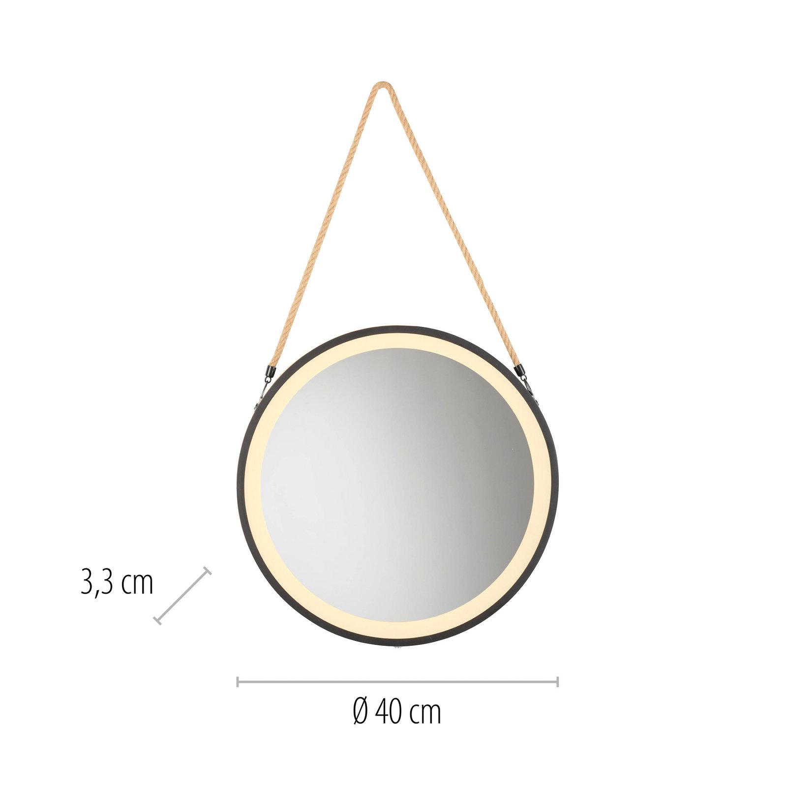 LED nástenné zrkadlo VIDRO, čierne, Ø 40 cm, powerbanka, závesné
