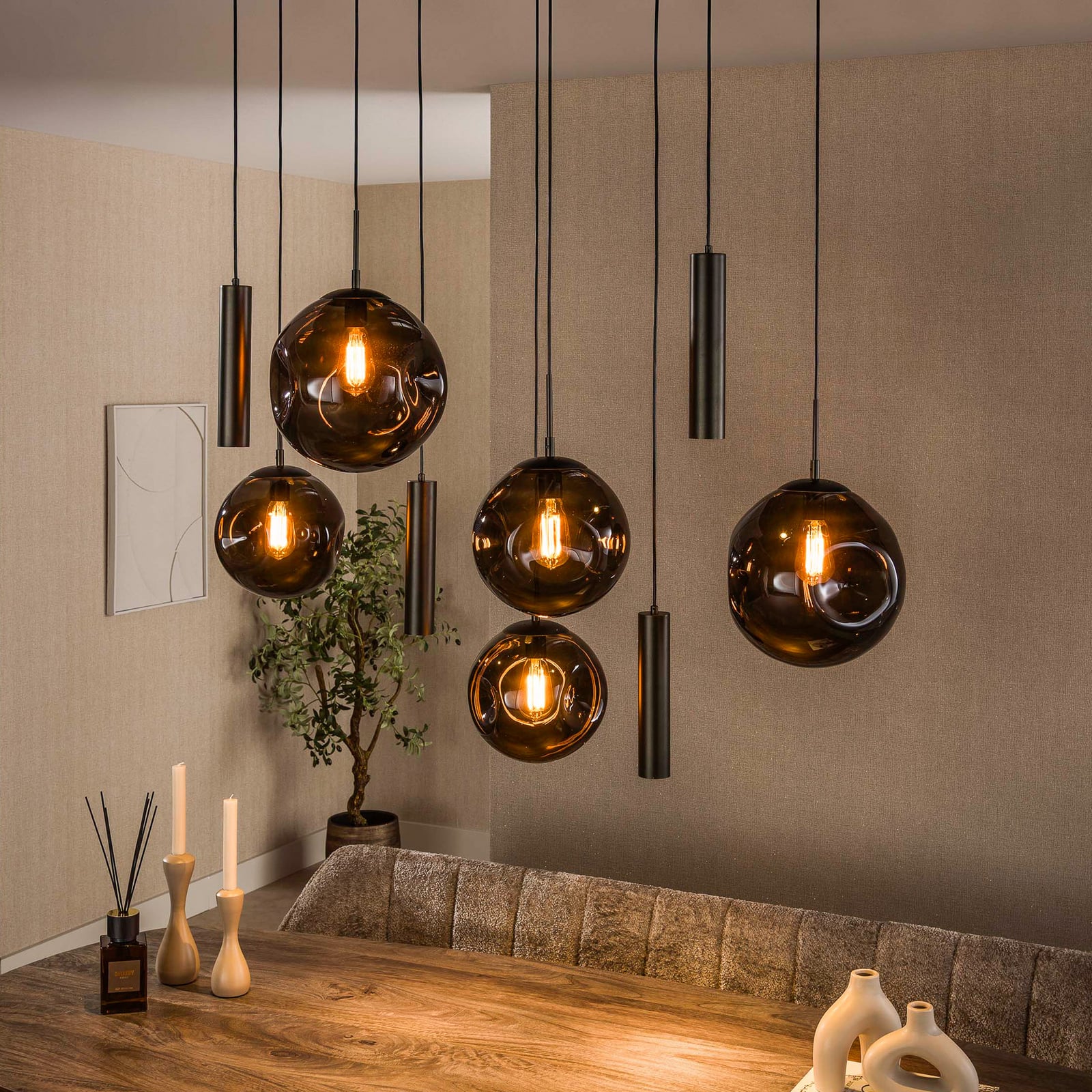 Pendelleuchte Stellar, braun, Glas, 9-flammig, E27, GU10