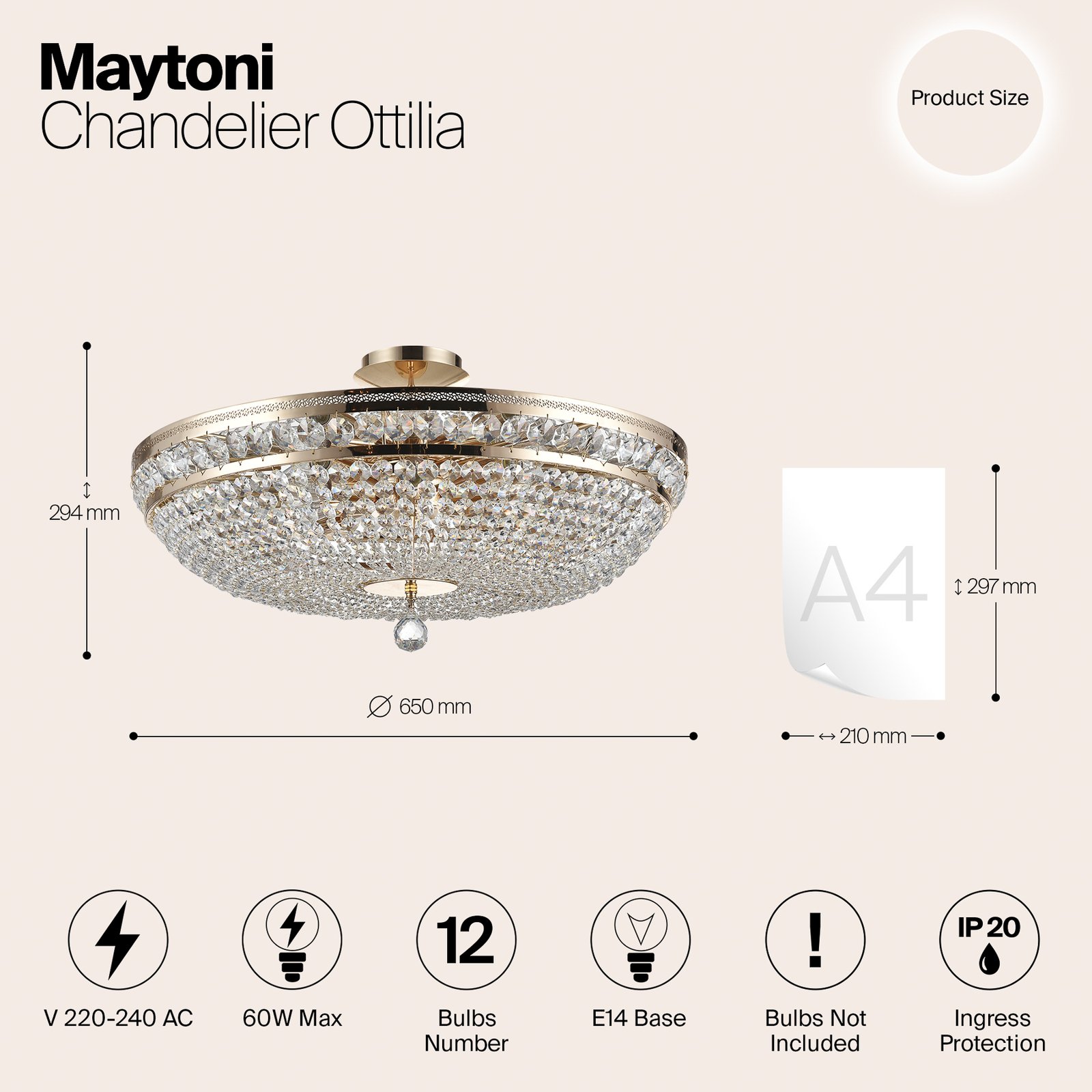 Maytoni plafonieră Ottilia, Ø 65 cm, aurie, cristal