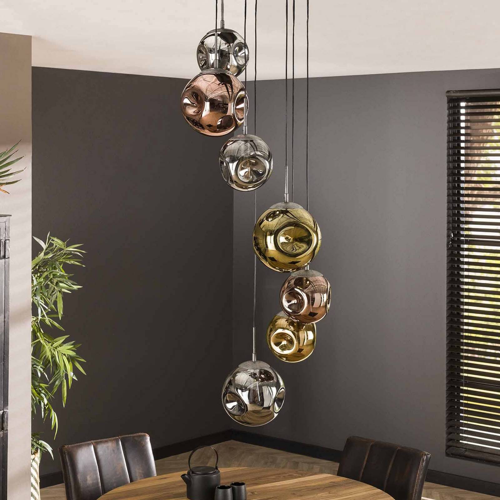 Lampa wisząca Stellar 7-punktowa okrągła, antyczne srebro, wielokolorowe szkło