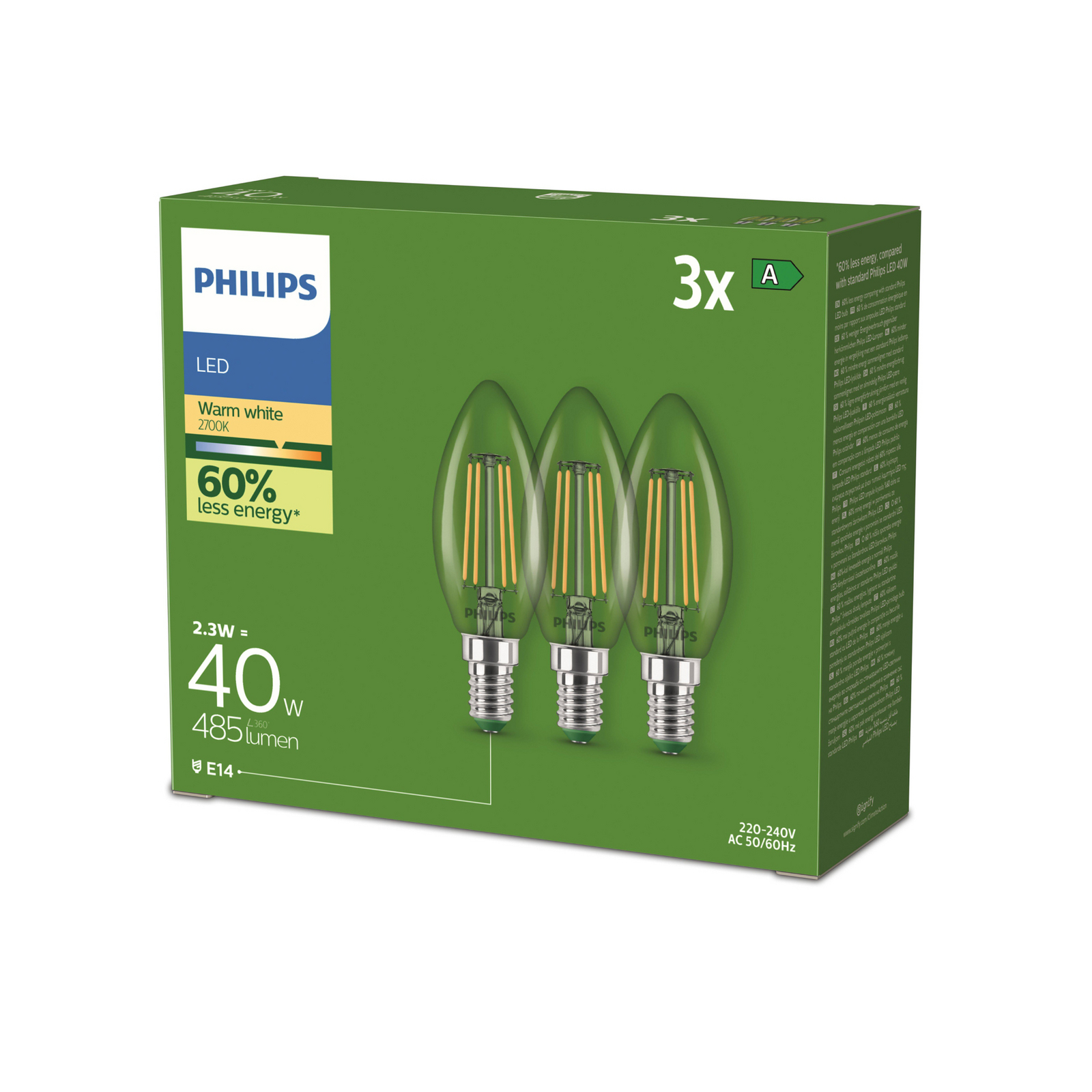 Philips LED-pære E14 B35 2,3W 485lm 2700K filament 3-pak
