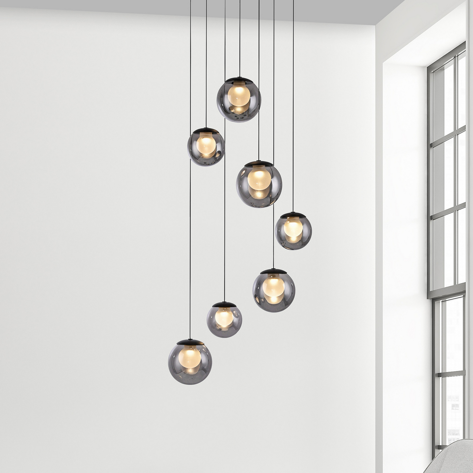 PURE LED-Hängelampe Popup, grau/rauchgrau, Ø 40 cm, 7-flg.