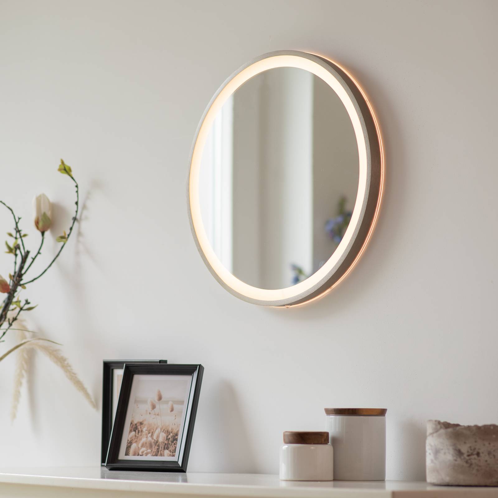 Lustro ścienne LED VIDRO, brązowe, Ø 46 cm, metal/szkło, przełącznik