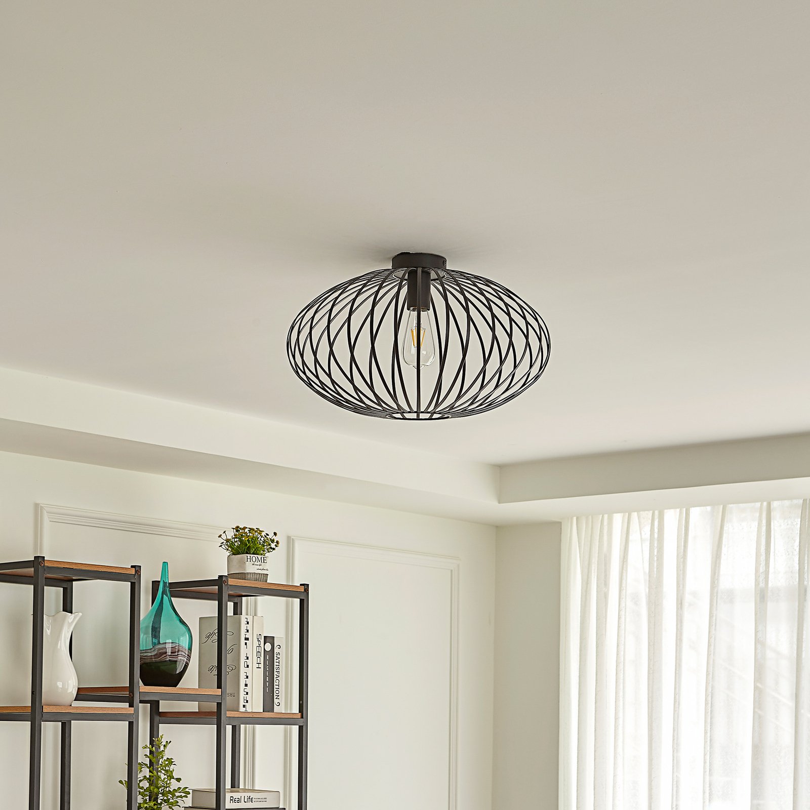 Lindby Maivi ceiling light, black, 50 cm, iron, cage