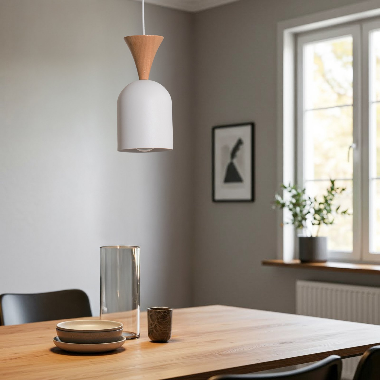 Hanglamp Nolan, Ø 11 cm, wit/eiken, metaal/hout
