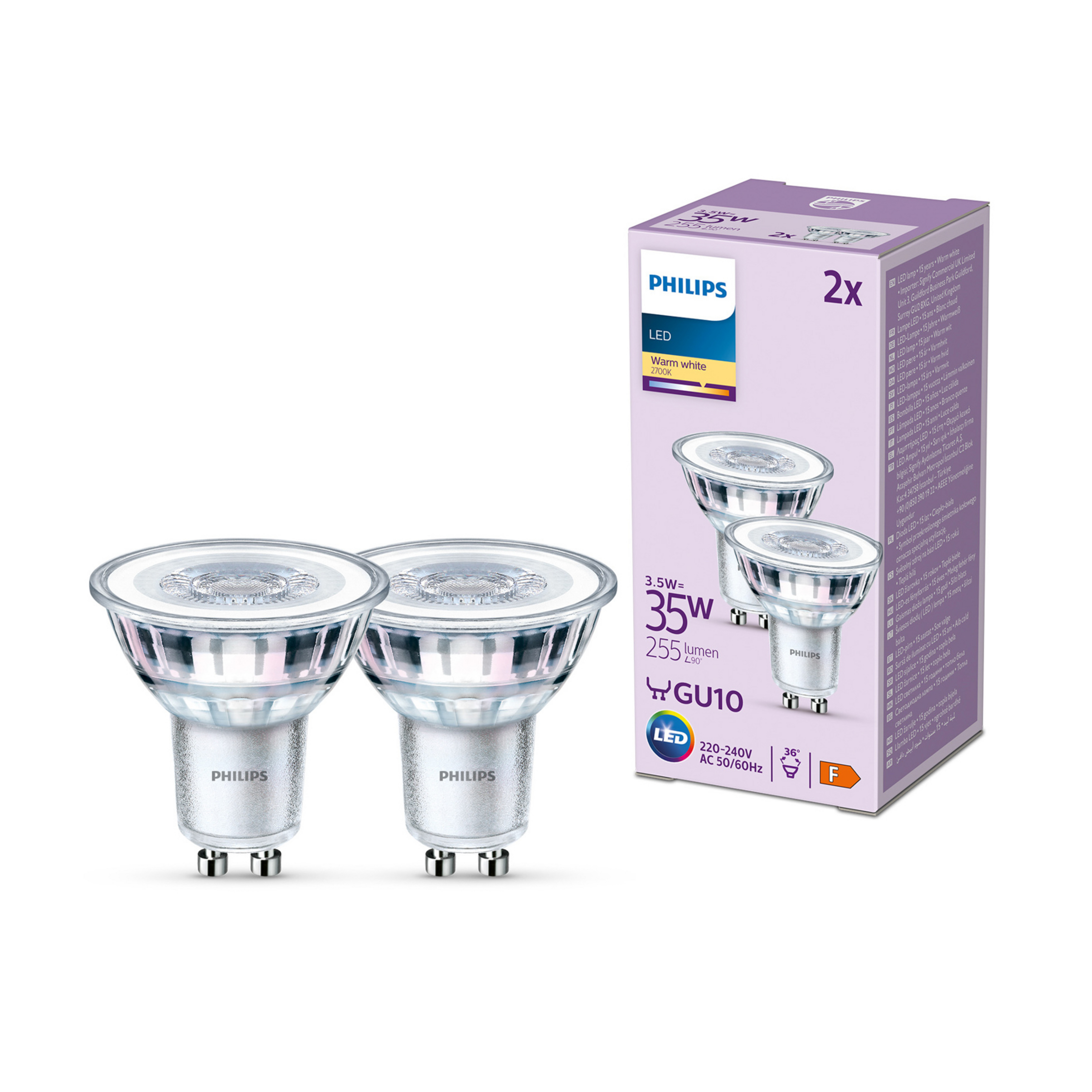 Żarówka LED Philips GU10 3,5W 255lm 827 przezroczysta 36° 2szt