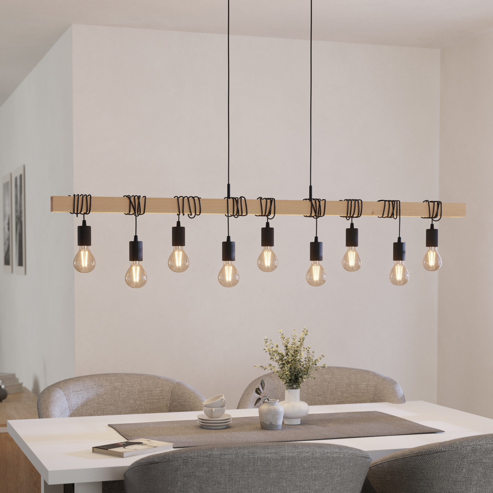 EGLO Lampadar Townshend lungime 150 cm negru/lemn 9 lumini. - Camera de zi / sufragerie - Vintage - negru lemn deschis - Metal