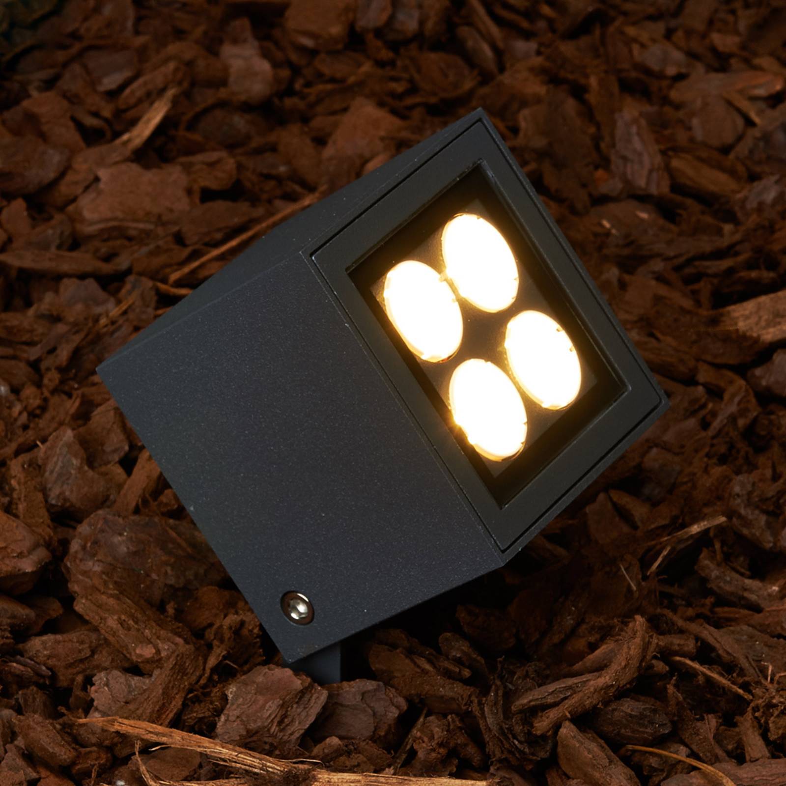 Lucande prikspot Charlie met LED voor buiten, IP65, aluminium, glas, kunststof, 6.3 W, L: 8 cm, B: 7 H: 33 cm