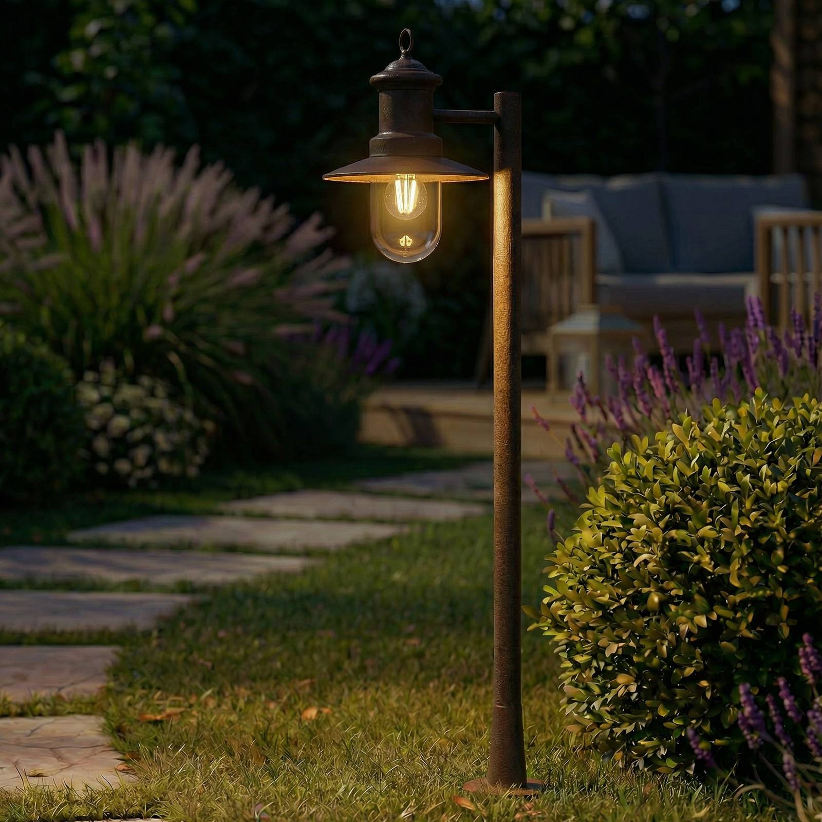 Bornes lumineuses Lindby Eloretta, rouille, 110 cm, acier, IP44, E27