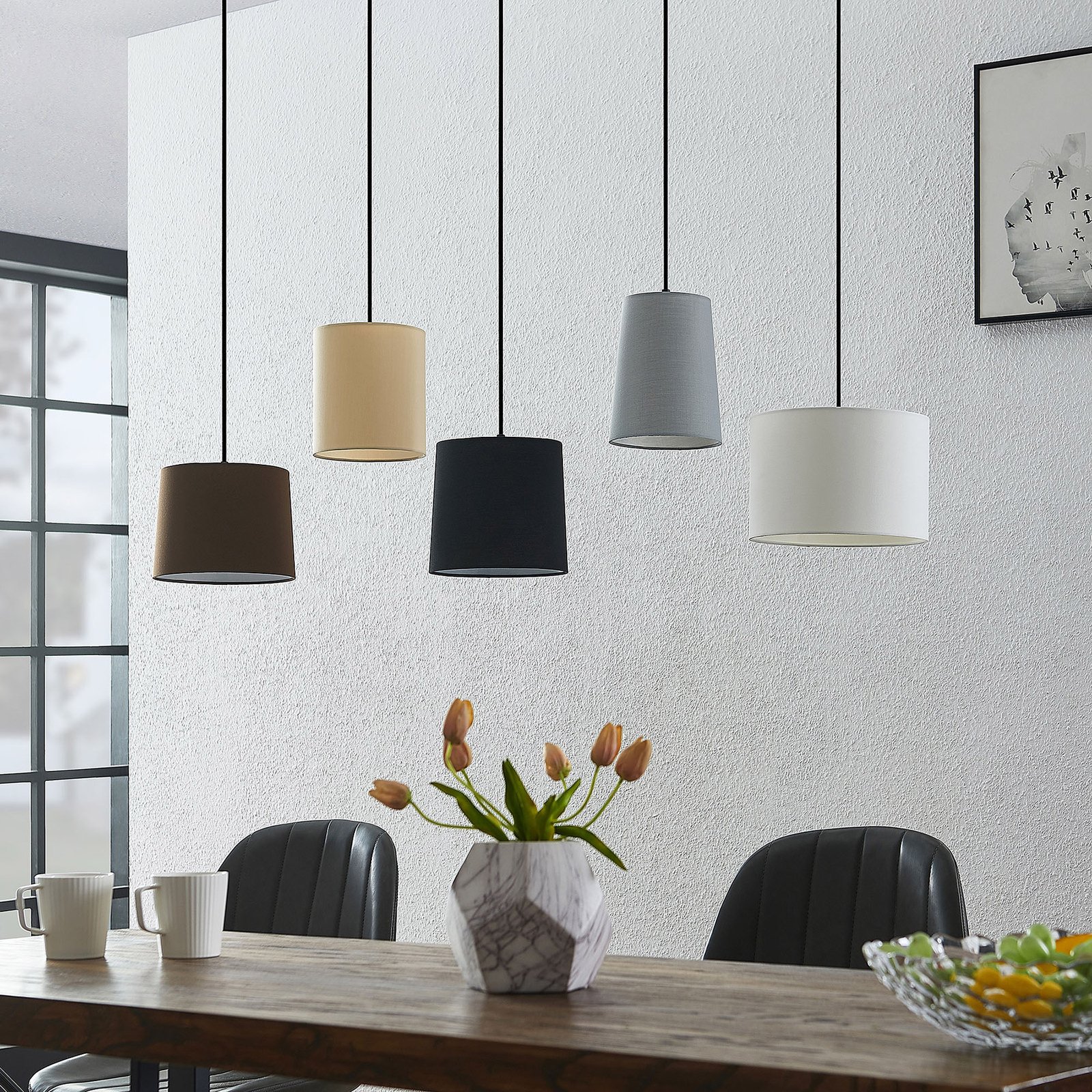 Lindby Hängeleuchte Amilia, Stoff, 5-flg., grau/beige, E27
