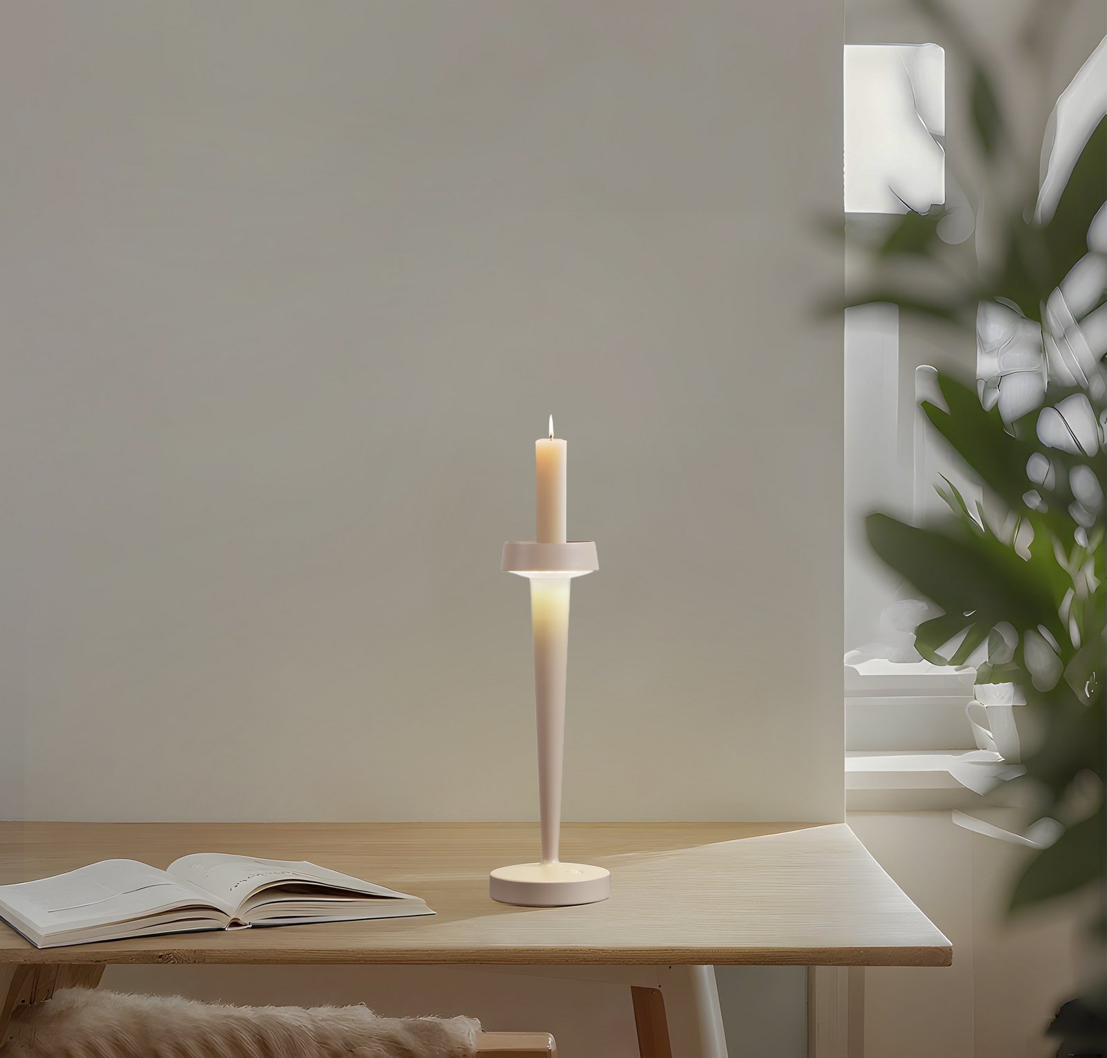 Lucande LED-akku-kynttilänjalka Lea, maljakko, beige, 28 cm