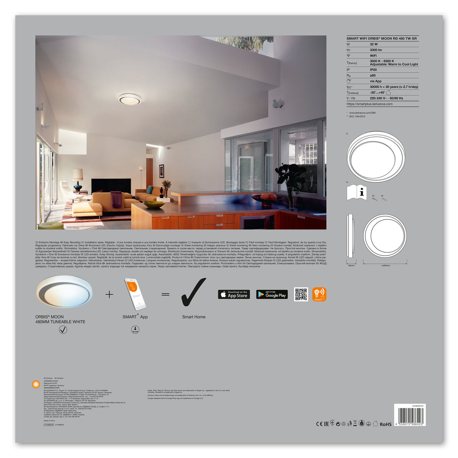 LEDVANCE SMART+ WiFi Orbis Moon CCT 48 cm sivá