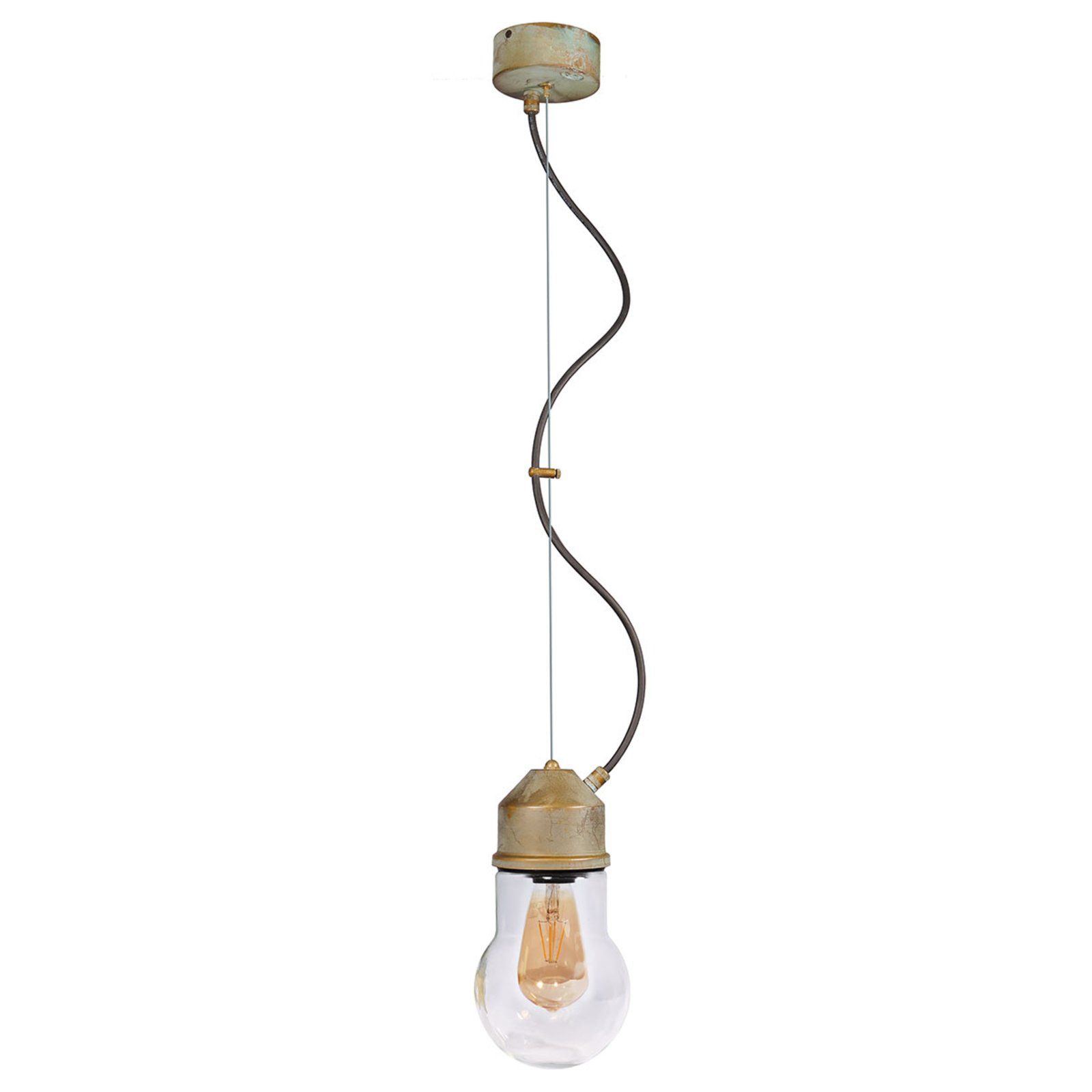 Hængelampe 1951N, antik messing, bølget glas, klar
