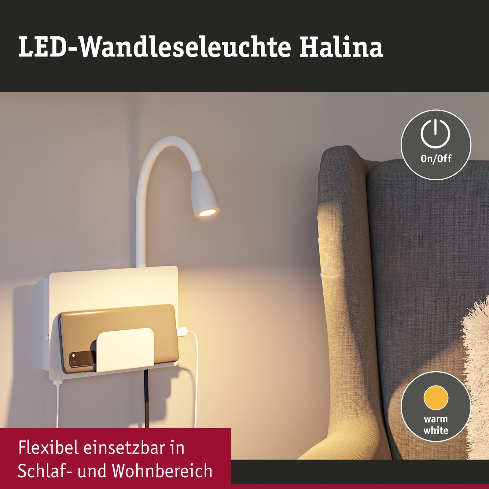 Paulmann Candeeiro de parede LED USB Halina, braço flexível branco