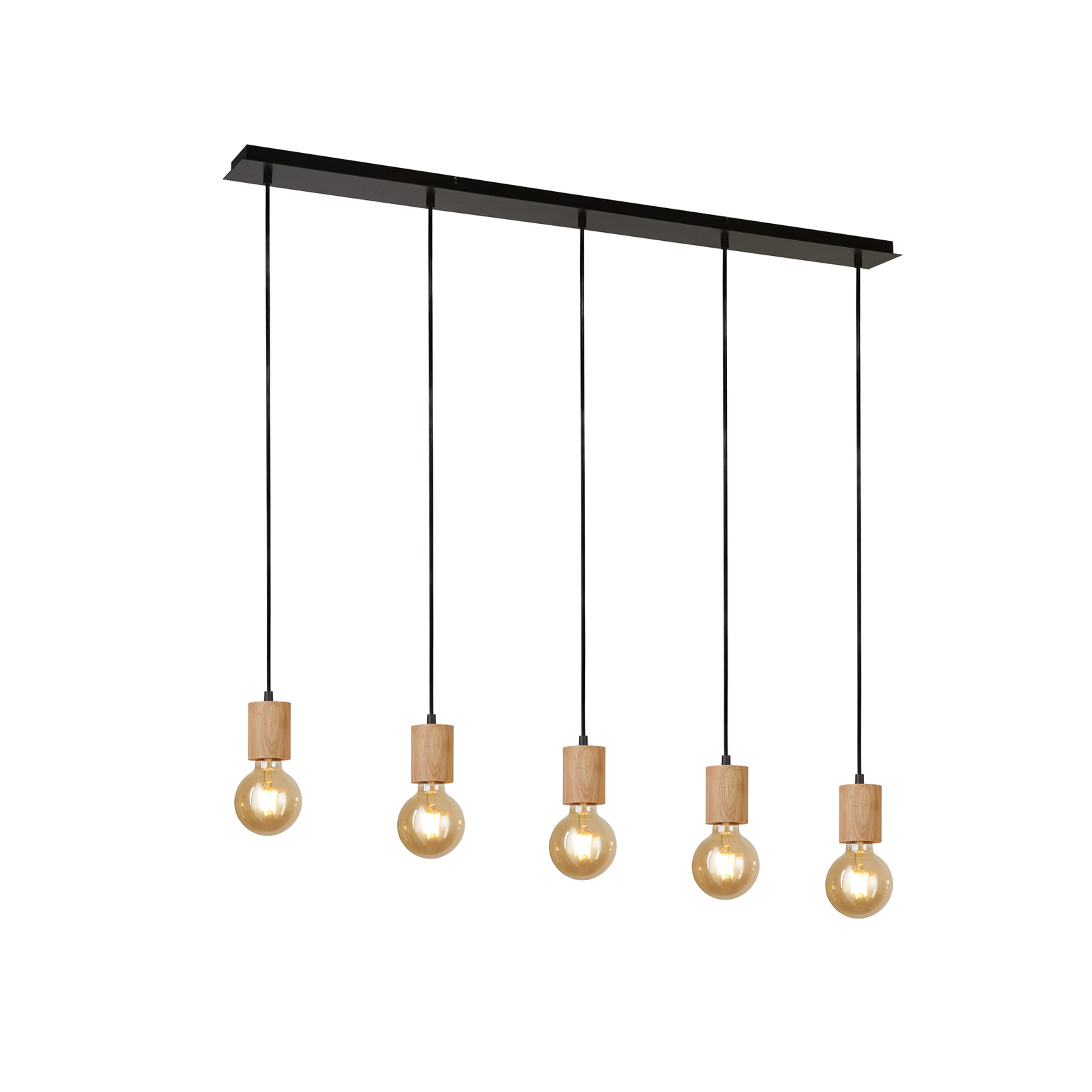 Spinny linear hanging light, beam, 115 cm, 5-bulb, rubberwood, E27