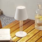 Akumulatorowa lampa stołowa LED Janea, na dwóch nogach, biała, metalowa