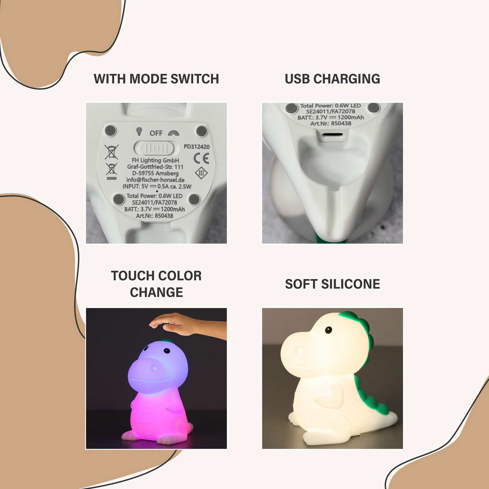 Lampe de chevet LED à accu Dinosauro, Dino, blanc, RVB, intensité variable