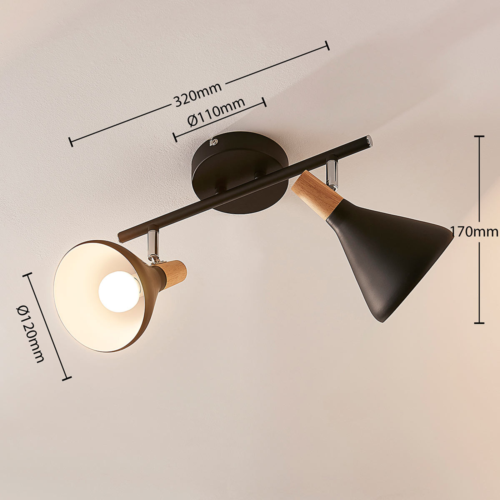 Arina ceiling light in black, 2-bulb