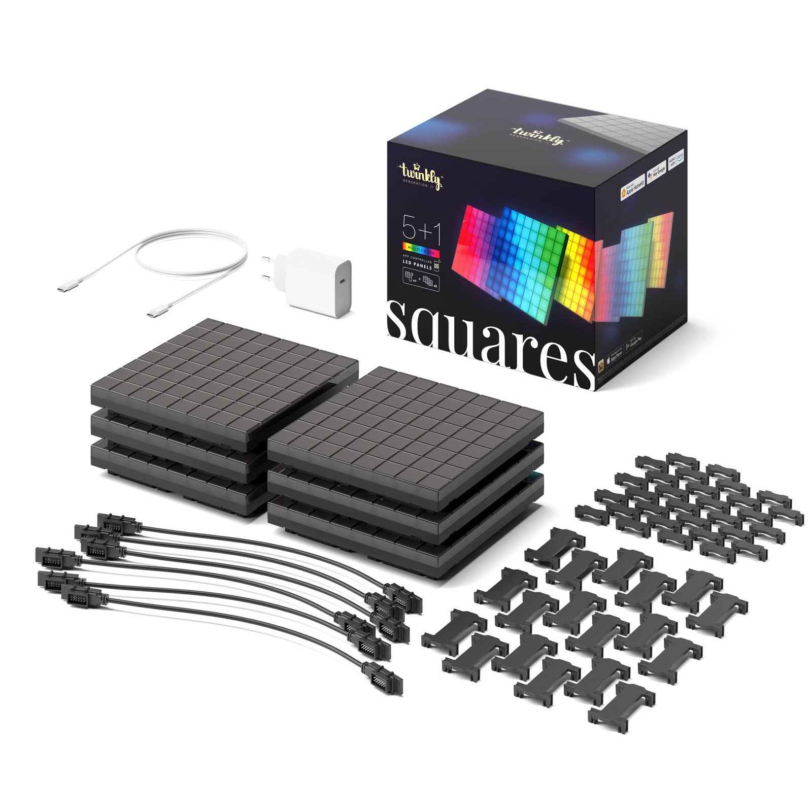 Twinkly RGB-firkanter, svart, IP20, 1+5 Startpakke
