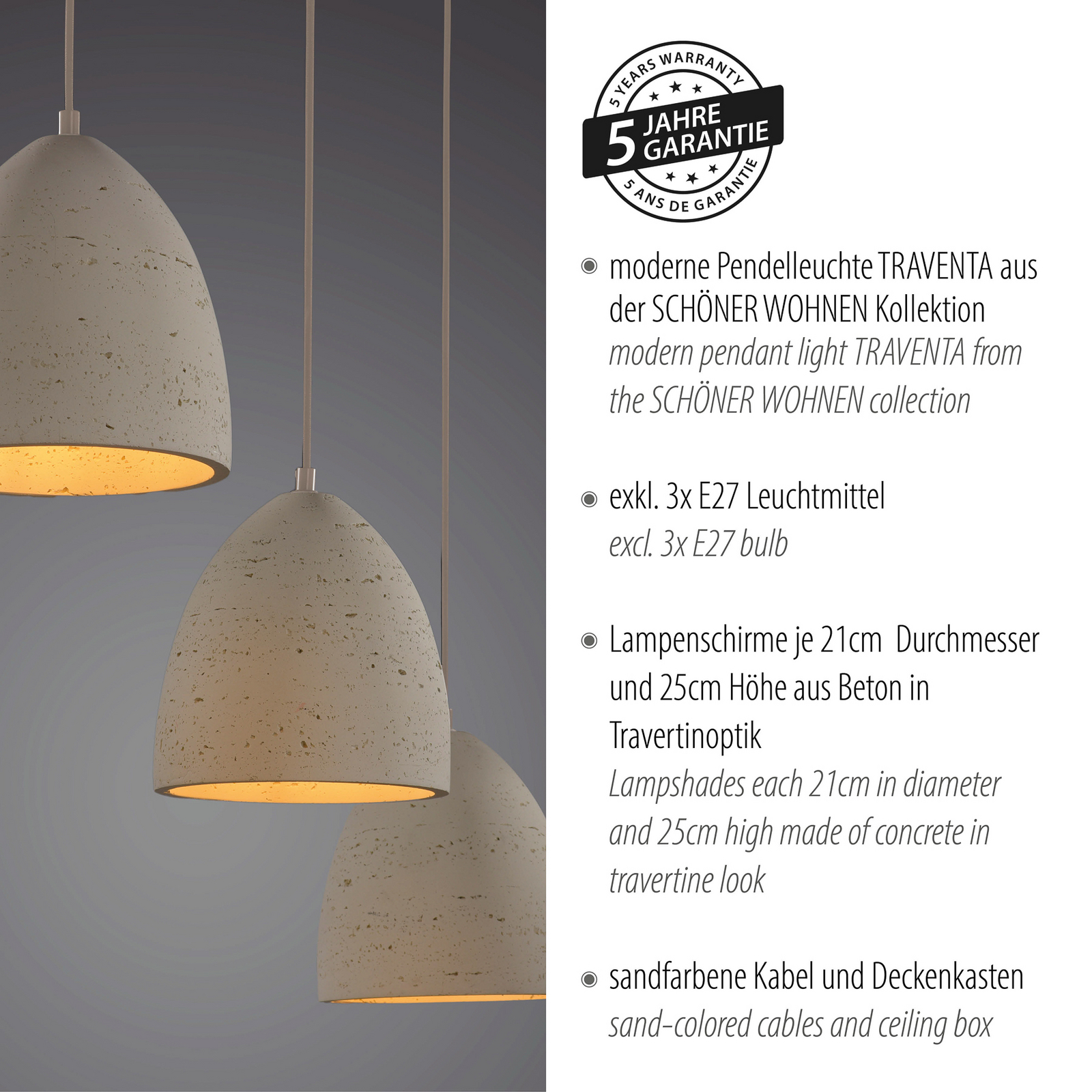 Schöner Wohnen hanglamp Traventa, 3-lamps, beige, E27 Schöner Wohnen hanglamp Traventa, 3-lamps, beige, E27