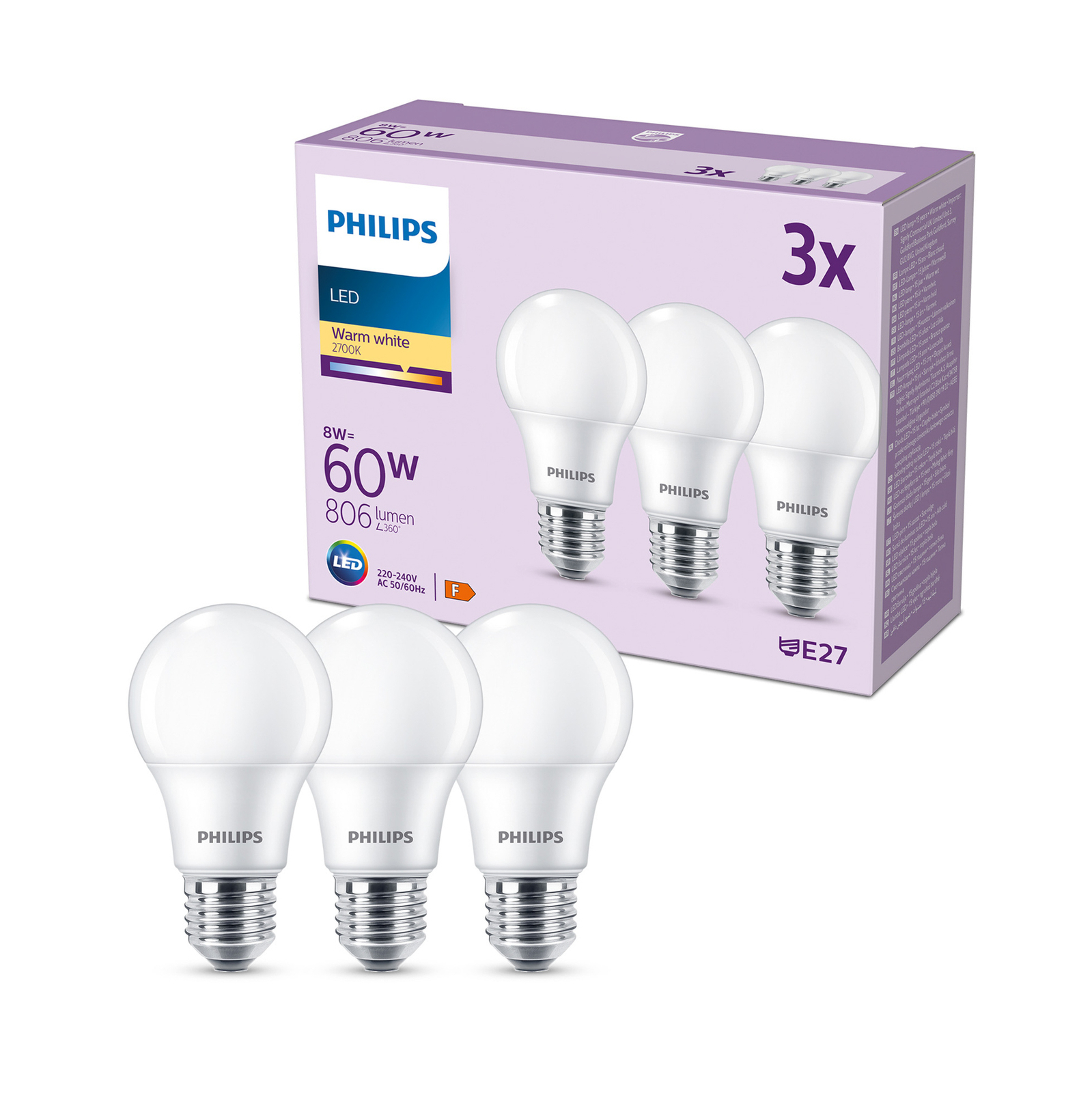 Philips LED-pære E27 8 W 806lm 2.700 K 3 stk | Lampegiganten.dk