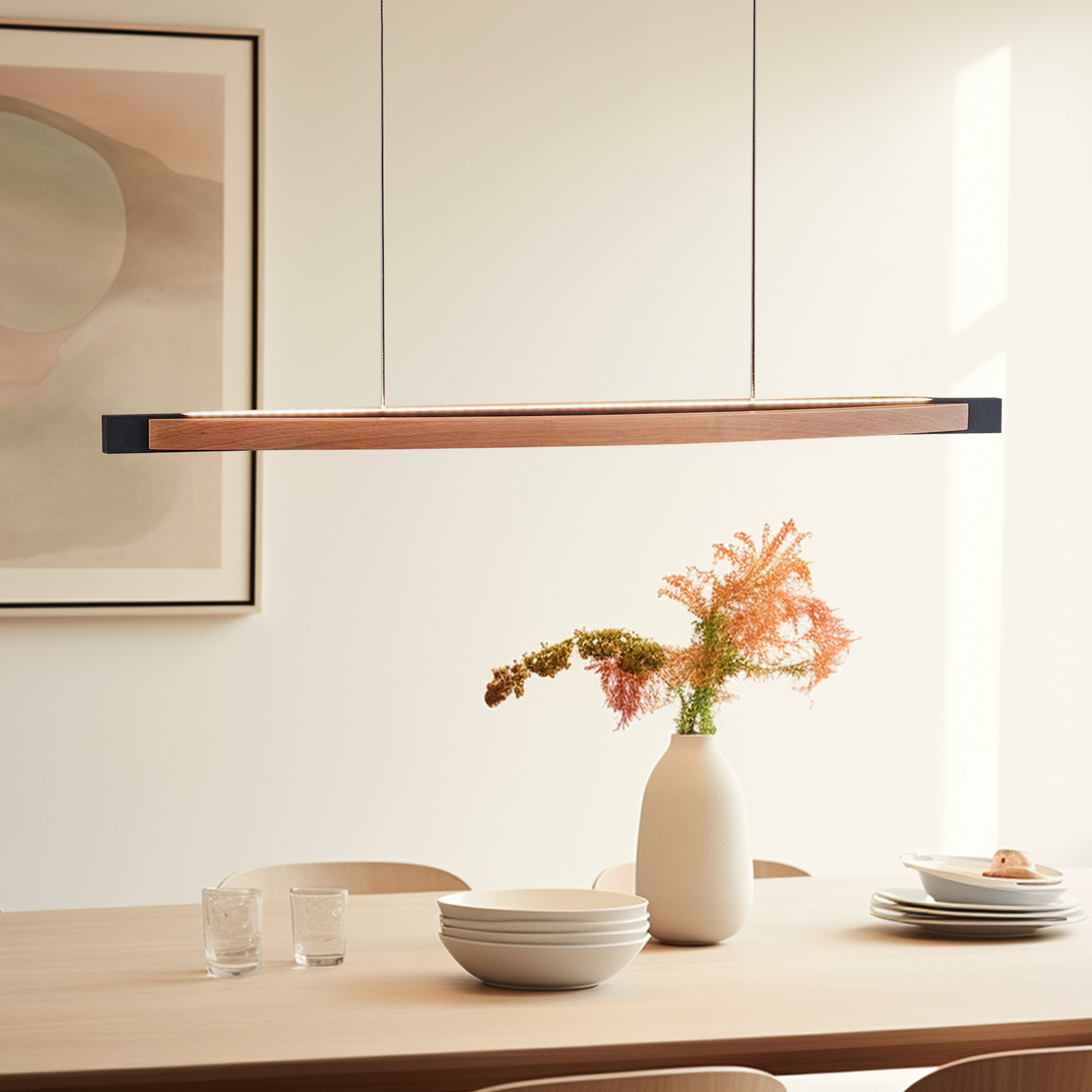 Quitani LED κρεμαστό φωτιστικό Kiera, δρυς/μαύρο, 98 cm