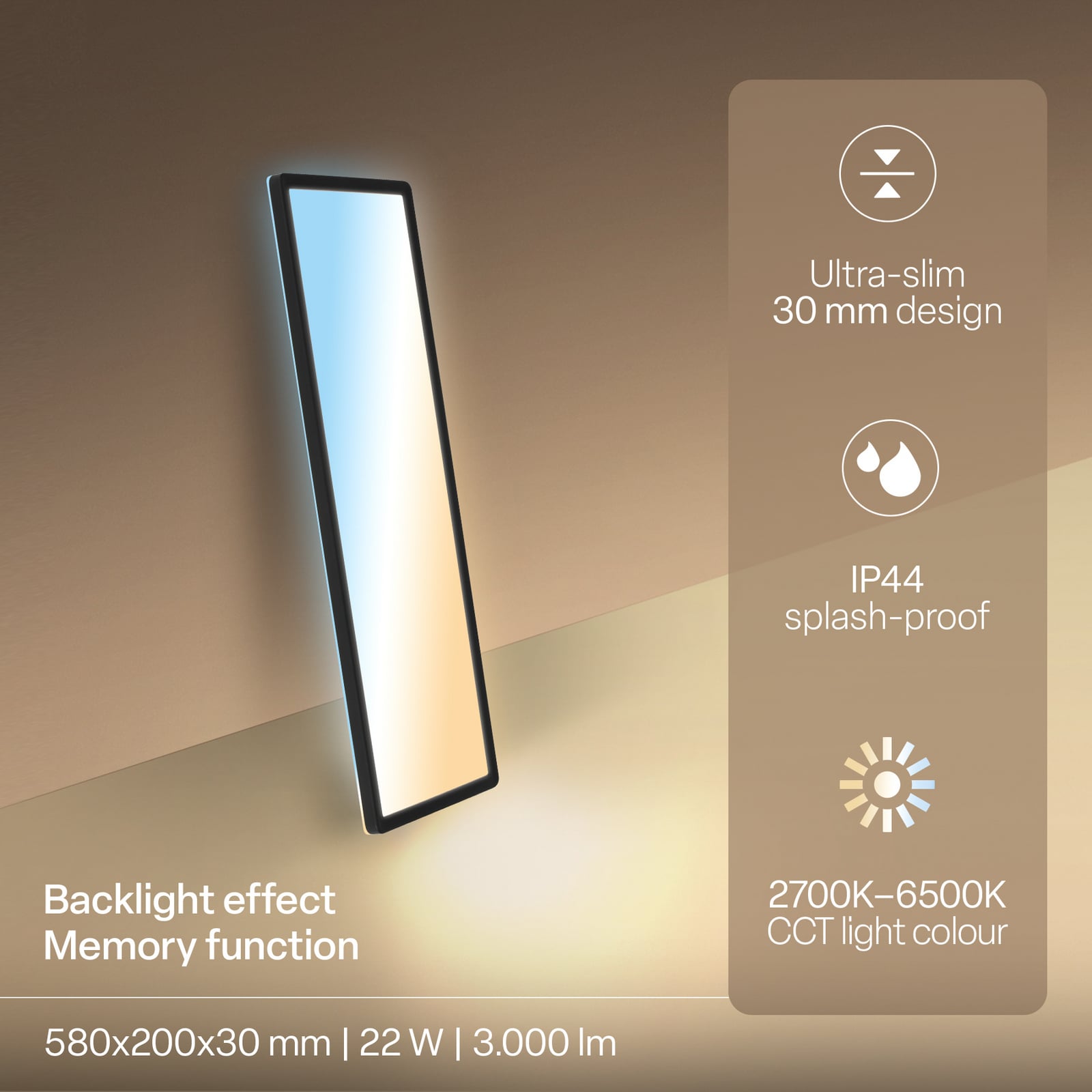 Pannello LED Shallow Remote CCT, 58 x 20 cm, nero, retroilluminazione