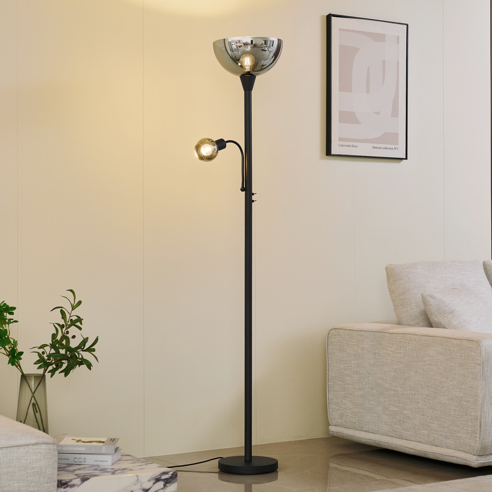 Lindby floor lamp Nehemia, black, glass, reading light, 185 cm