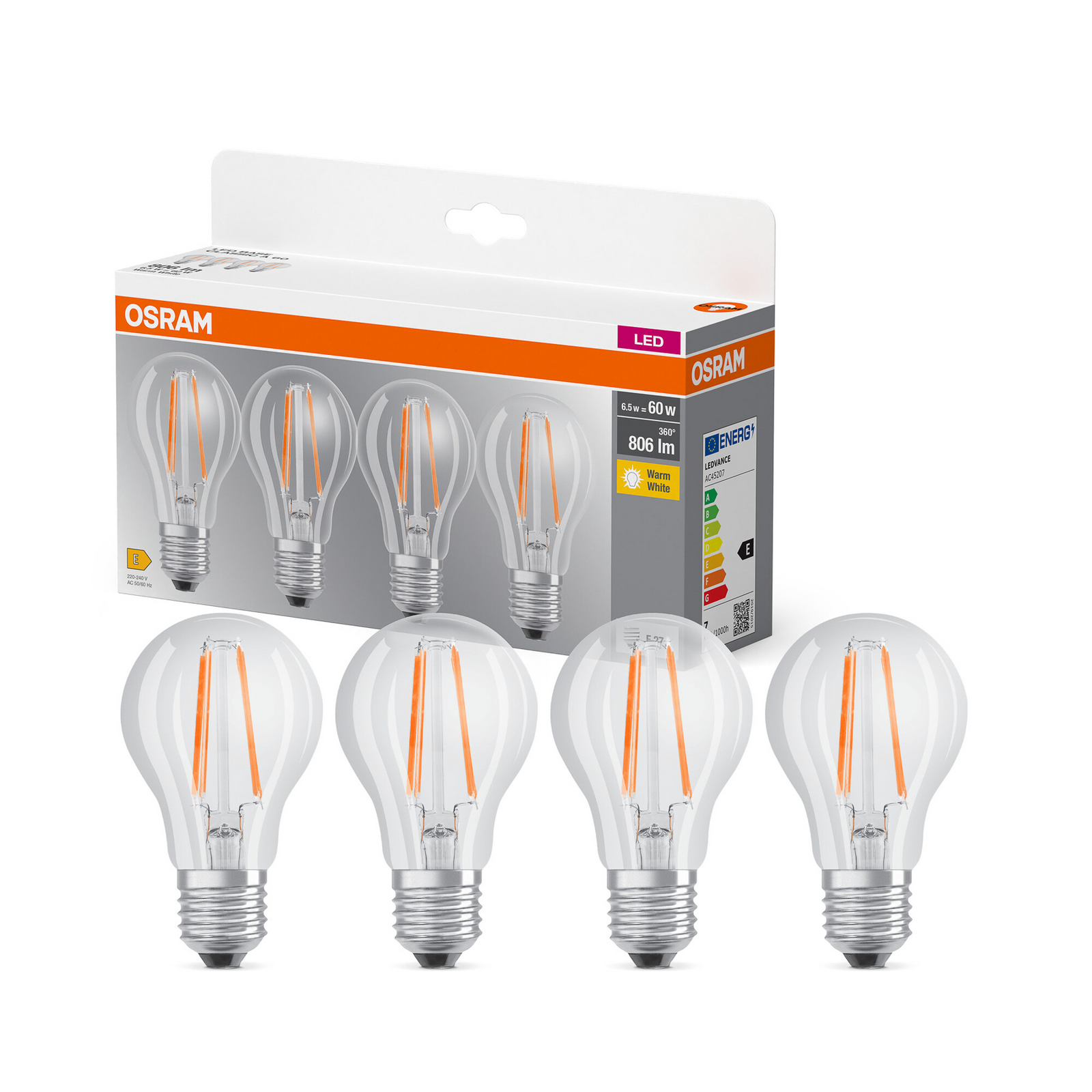 OSRAM LED-Leuchtmittel Birne Filament E27 6,5W 827 4er-Pack