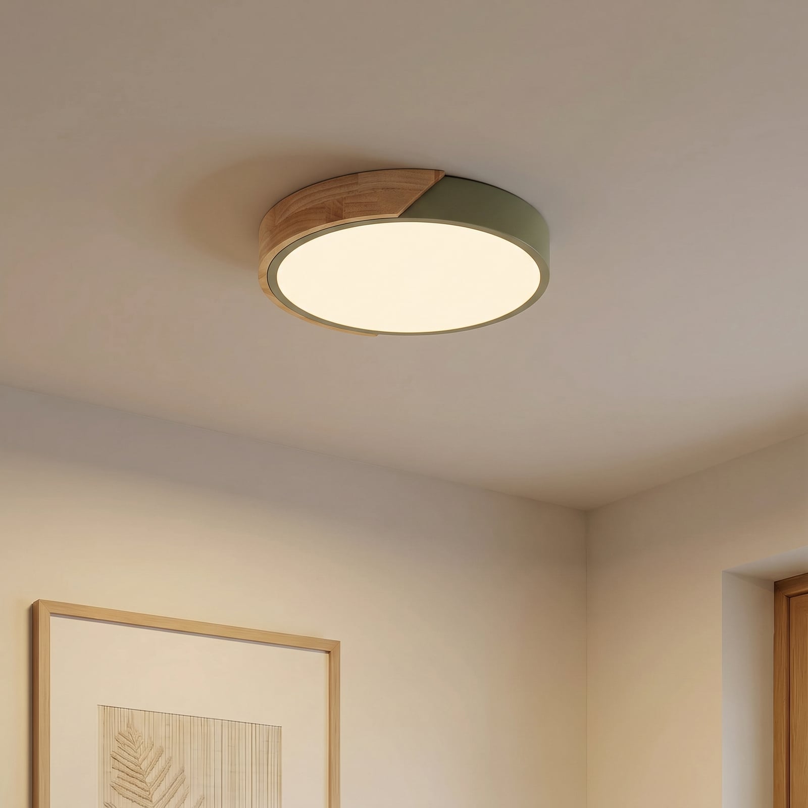 Plafón LED Lynorri de PRIOS, Ø 32 cm, verde, acabado en madera Plafón LED Lynorri de PRIOS, Ø 32 cm, verde, acabado en madera