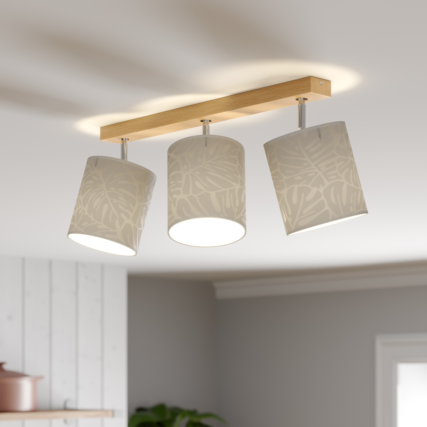 BRITOP Hierro downlight, 3-bulb, for Living / Dining Room, wallpaper, oak wood, metal, E27, 25 W, energy efficiency: A++, L: 52 cm